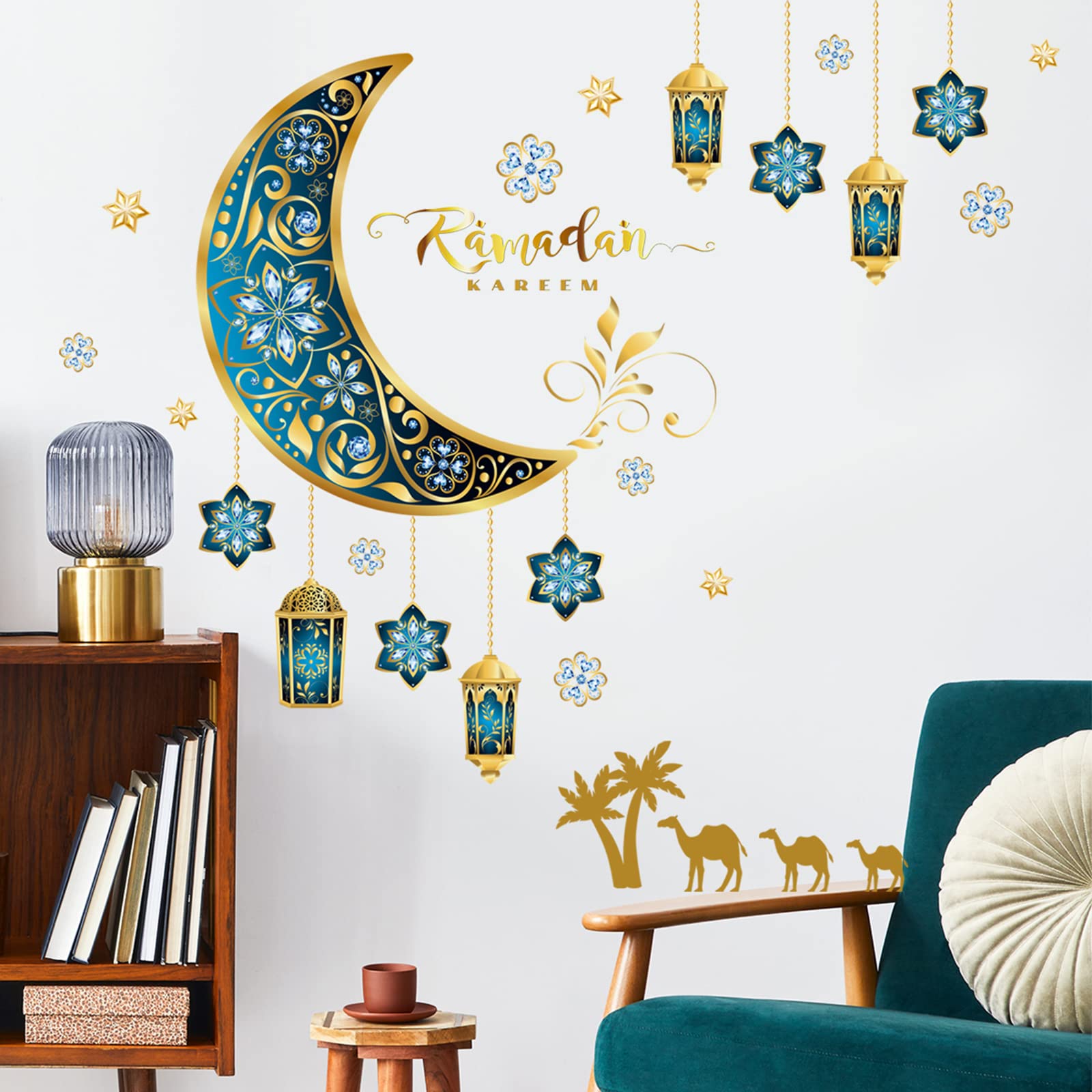 Ramadan Decorations Wall Stickers,Islamic Muslim Wall Art Decals,Eid Mubarak Ramadan Decor Lantern Moon Star Window Clings for Home Living Room Bedroom Decorations Wallpaper (Style5)