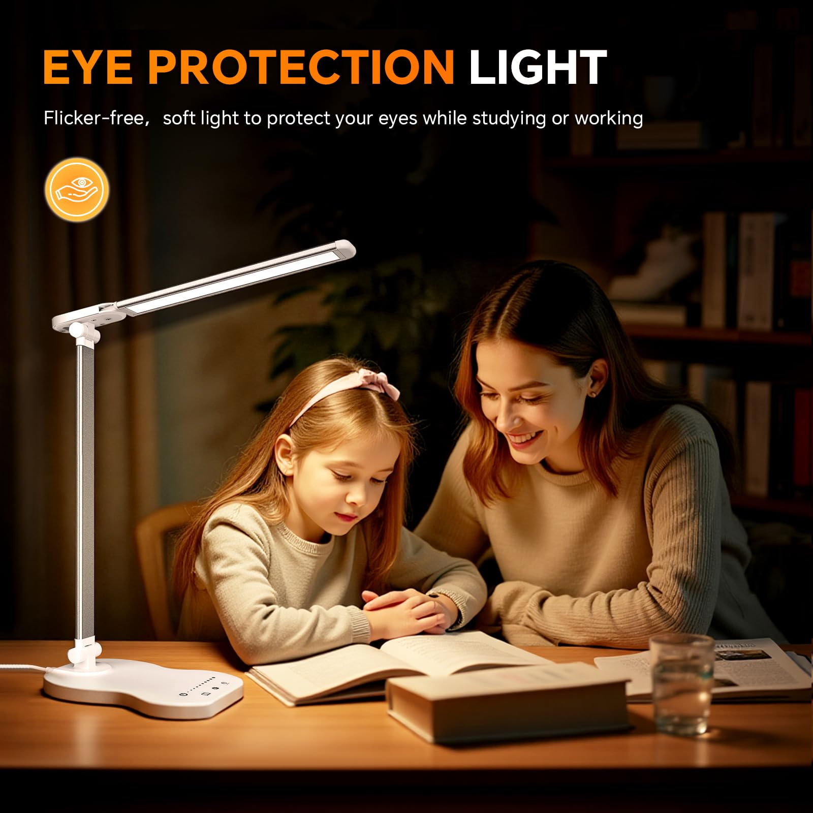 Lampe de Bureau LED, Dimmable Lampe de Chevet, 5 Modes de Couleur 10 Niveaux de Luminosité, Avec Fonction Minuterie, Contrôle Tactile, Port USB-C, Lampe de Lecture Protection des Yeux - Blanc