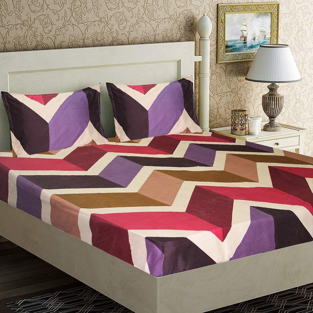 Sky Tex Elastic Fitted Multi Color Cotton Geometric 3D Printed Super Soft 140 TC Fitted King Size Double Bed Sheet with 2 Pillow Covers