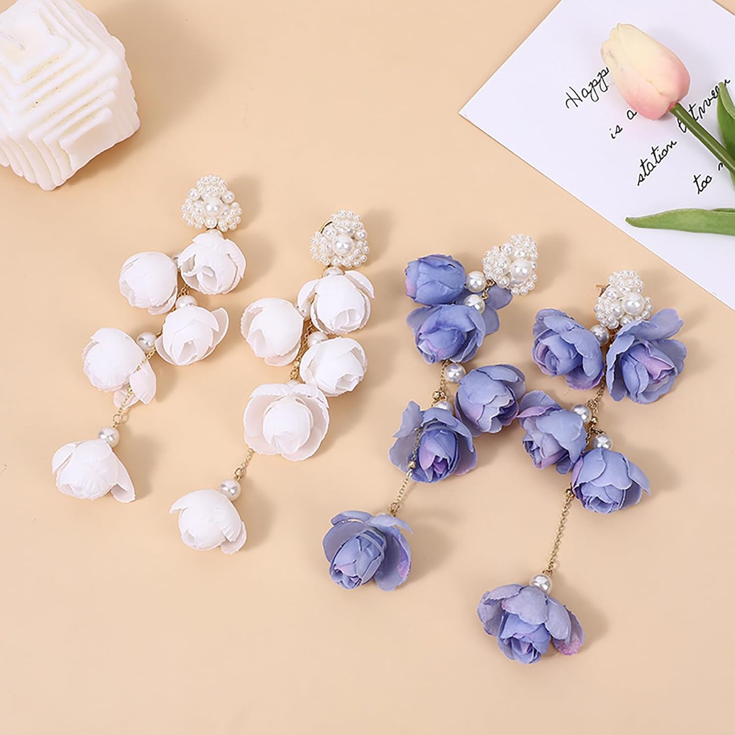 Long Flower Dangle Earrings for Women Pearl Flower Drop Earrings White Floral Tassel Statement Drop Dangle Earring for Women Bride Wedding Jewelry - Image 6