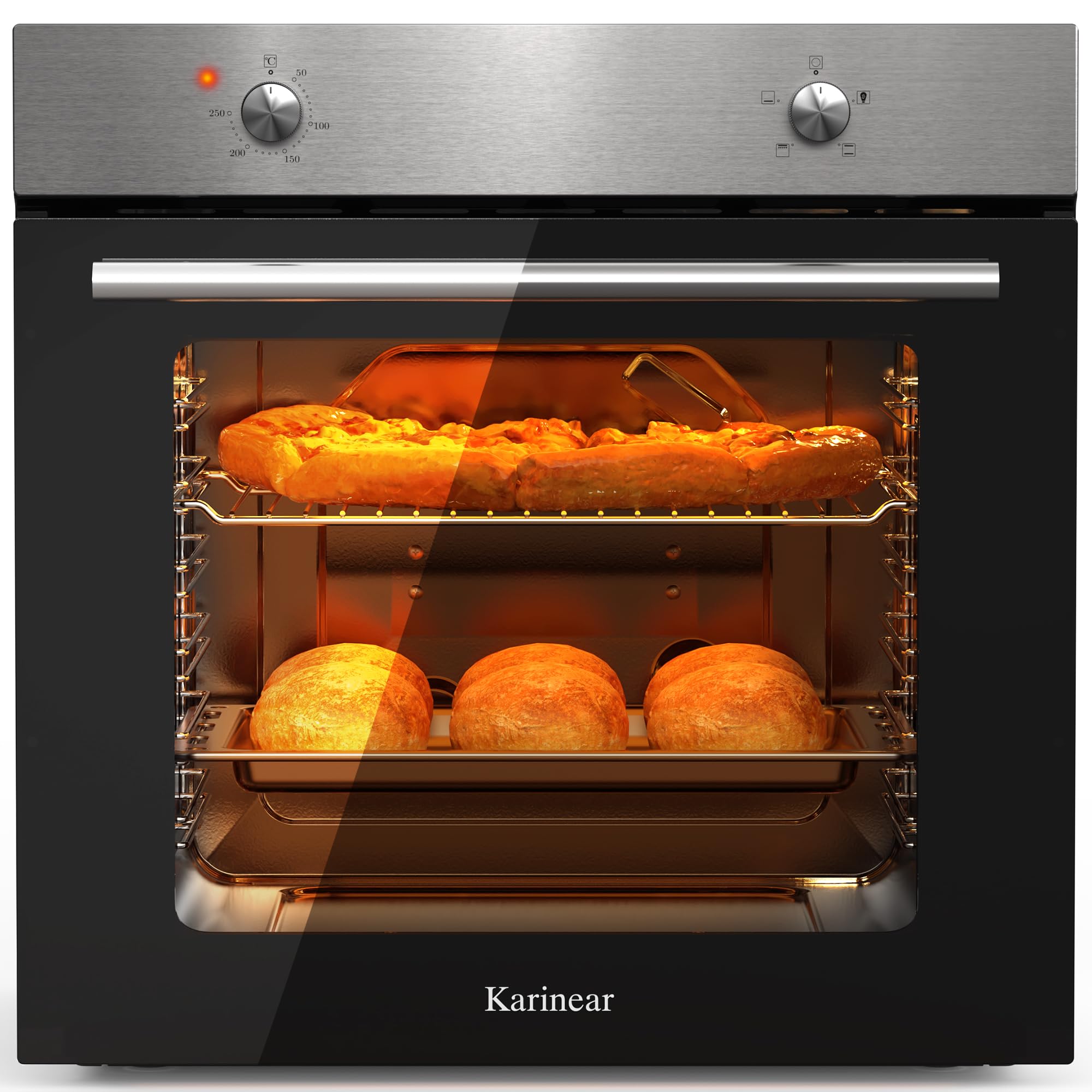 Karinear Forno Elettrico da Incasso 65L, 60 cm Forni a Conventional a 4 Funzioni, 2 Manopole di Controllo, 50-250°C, Inox Antimpronte, Spina, con Piastra, Griglia, 2200W, Inox e Nero