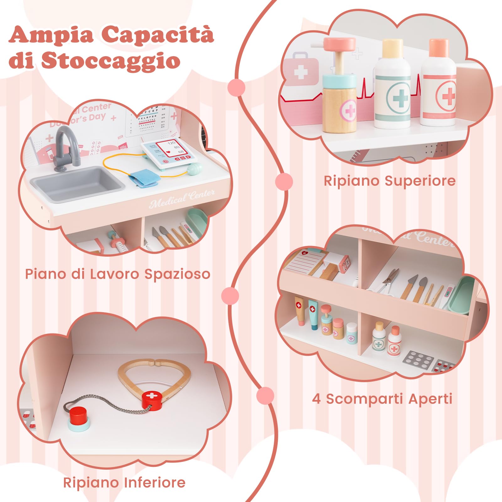 GYMAX Set da Gioco Medico in Legno, Gioco di Ruolo Medico con Stetoscopio, Monitor ECG, Pellicola a Raggi X, Monitor di Pressione Sanguigna, Area d'Esame, 24 Accessori (Rosa)
