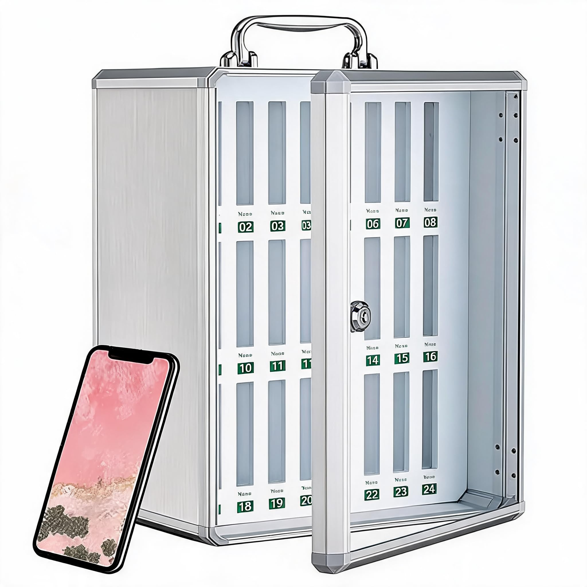 Armoire de rangement pour téléphone portable - 12/24/36/48/60 emplacements - Avec poignée de transport, serrure, aluminium, montage mural ou boîte de gestion de bureau - Convient pour l'école