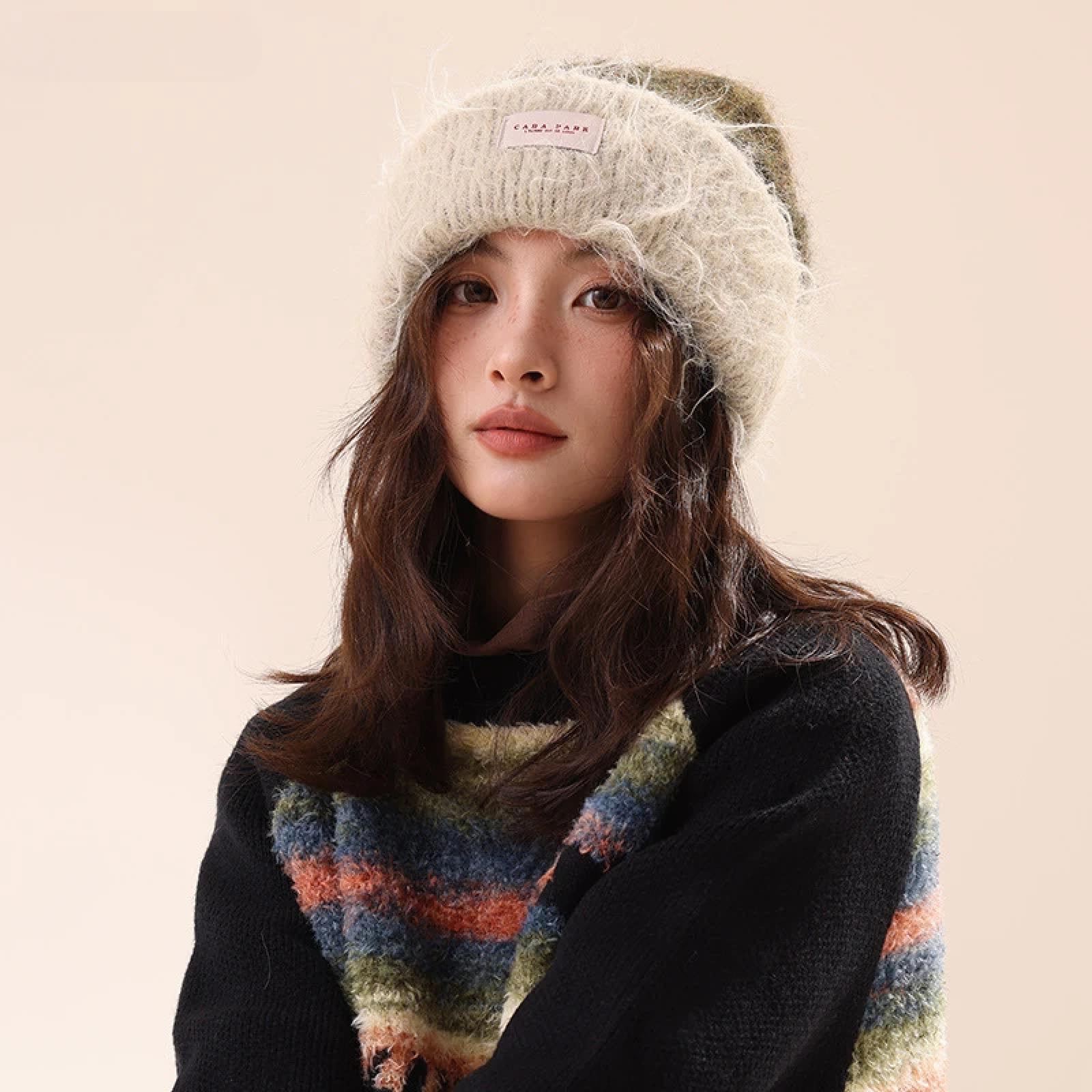 Casquettes Bonnets Chapeaux Bonnet Tricoté Bonnet Chapeau Bonnet en Peluche Épais Et Chaud De Couleur Contrastée pour Femme, Bonnet Tricoté Polyvalent, Décontracté, Chaud, À La Mode, pour L'