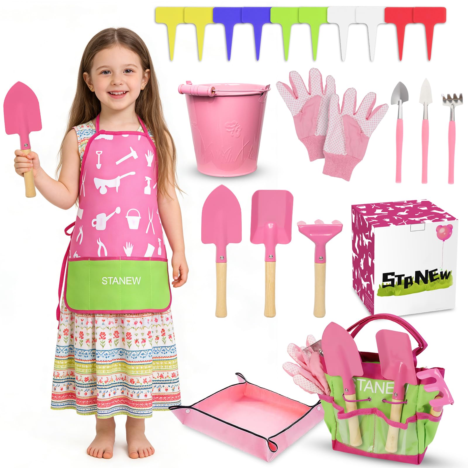Stanew Set di Attrezzi da Giardino per Bambini, Set Giardino Bambini, Kit Giardinaggio Bambini (Rosa) Include Secchio, Grembiule,Guanti da Giardino per Bambini,Paletta Giardinaggio,Borsa da Giardino