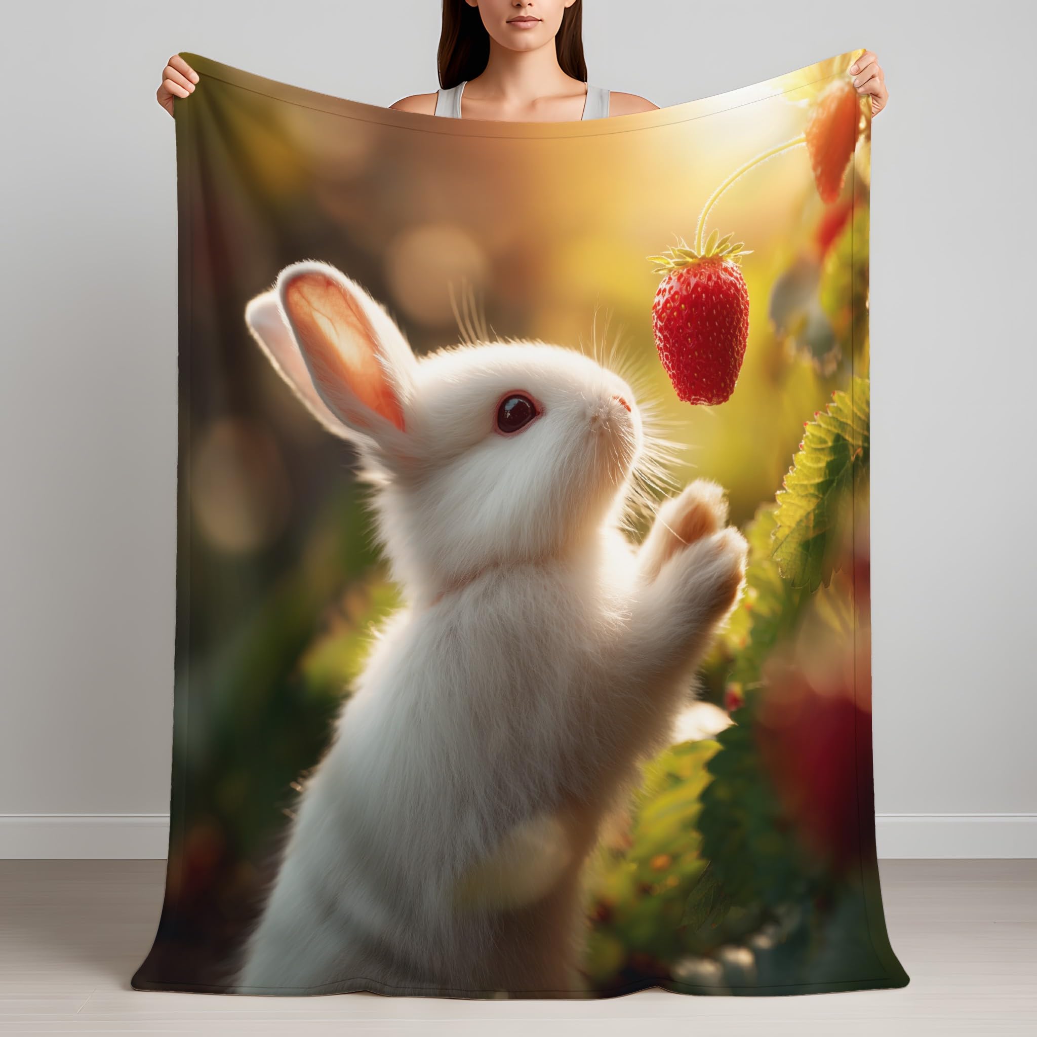 Générique 2-osobowa narzuta na sofę marzycielski świeży flanelowy koc truskawkowy królik pluszowa mikrofibra kosz odpowiedni dla dzieci 180 x 200 cm, biały