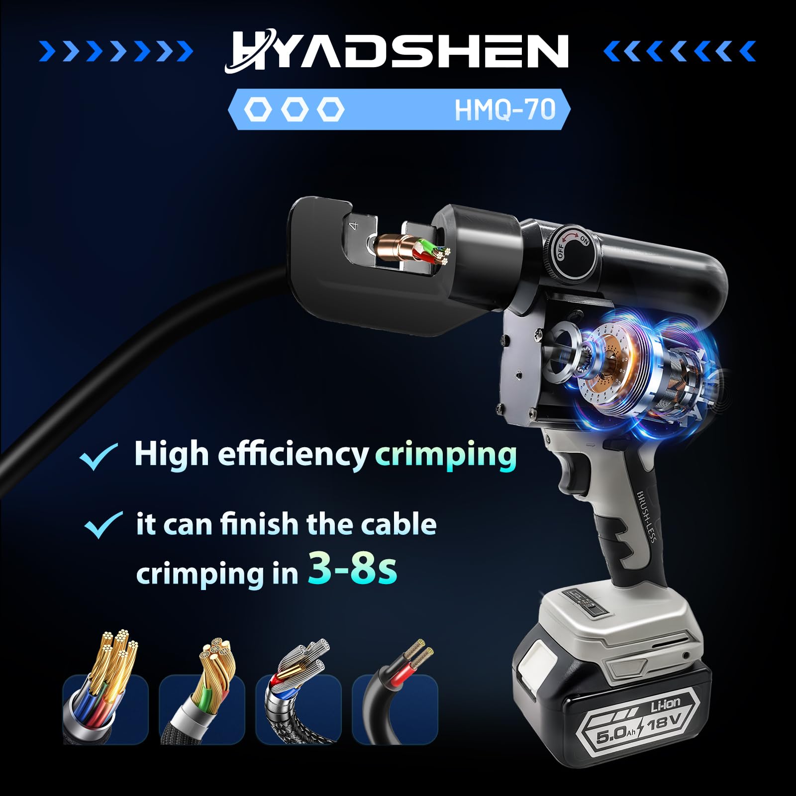Herramienta de crimpado de terminales de cable hidráulico, kit de herramientas de crimpado recargables con 8 troqueles, 12 AWG a 2/0 AWG (HMQ-70)