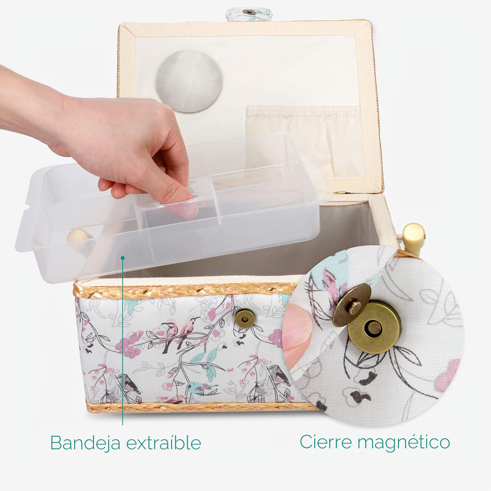 Navaris Costurero de Madera con 76 Accesorios - Caja de Costura Forrada en Tela de pájaros con 4 Compartimentos - Organizador con alfiletero Agujas