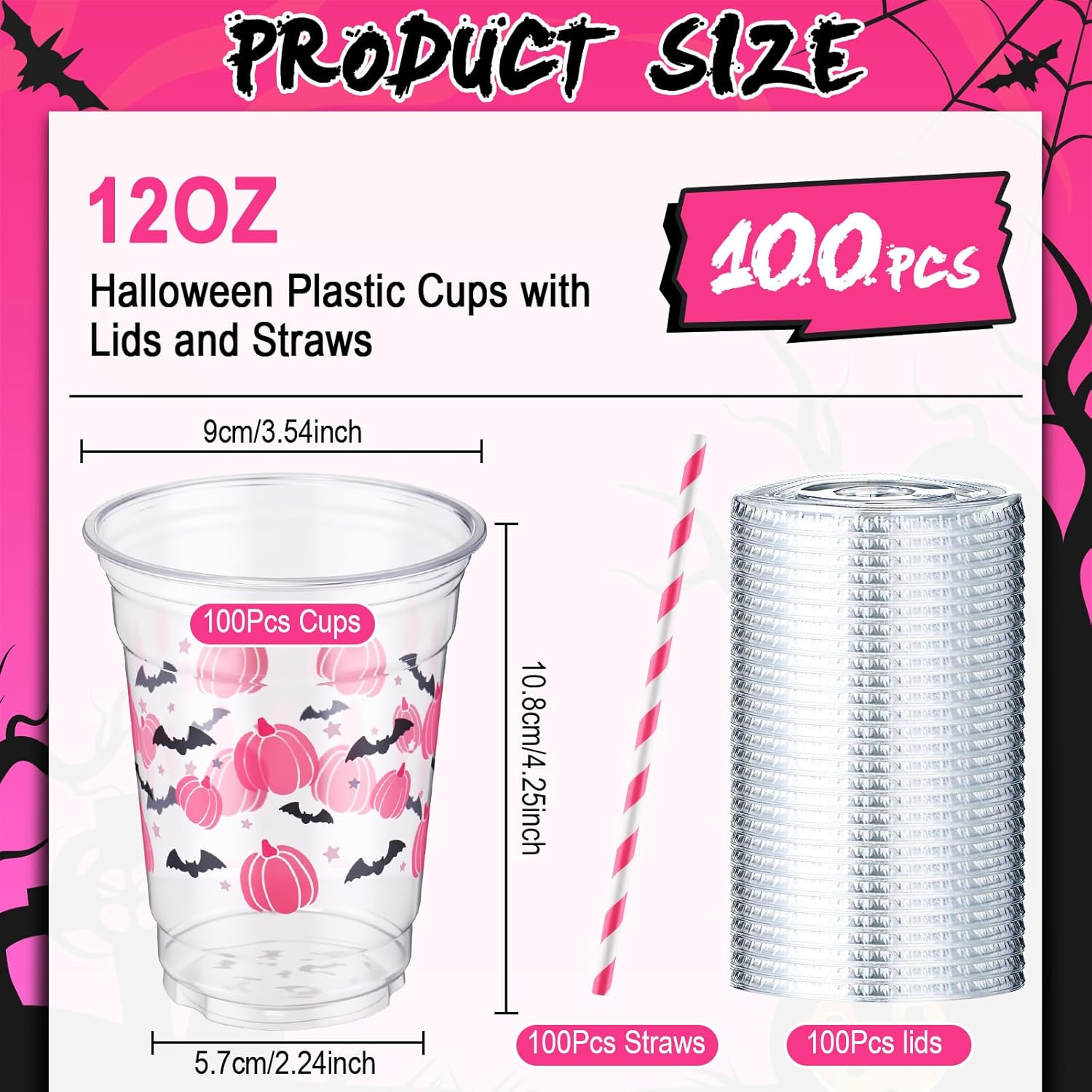 Yaomiao 300 Pcs 12 oz Halloween Plastic Cups with Lids and Straw Halloween Plastic Cup Disposable Clear Tumbler Whiskey Tumbler Pink Pumpkin Ghost Bat Witch Drinking Set for Party Supply - Image 3