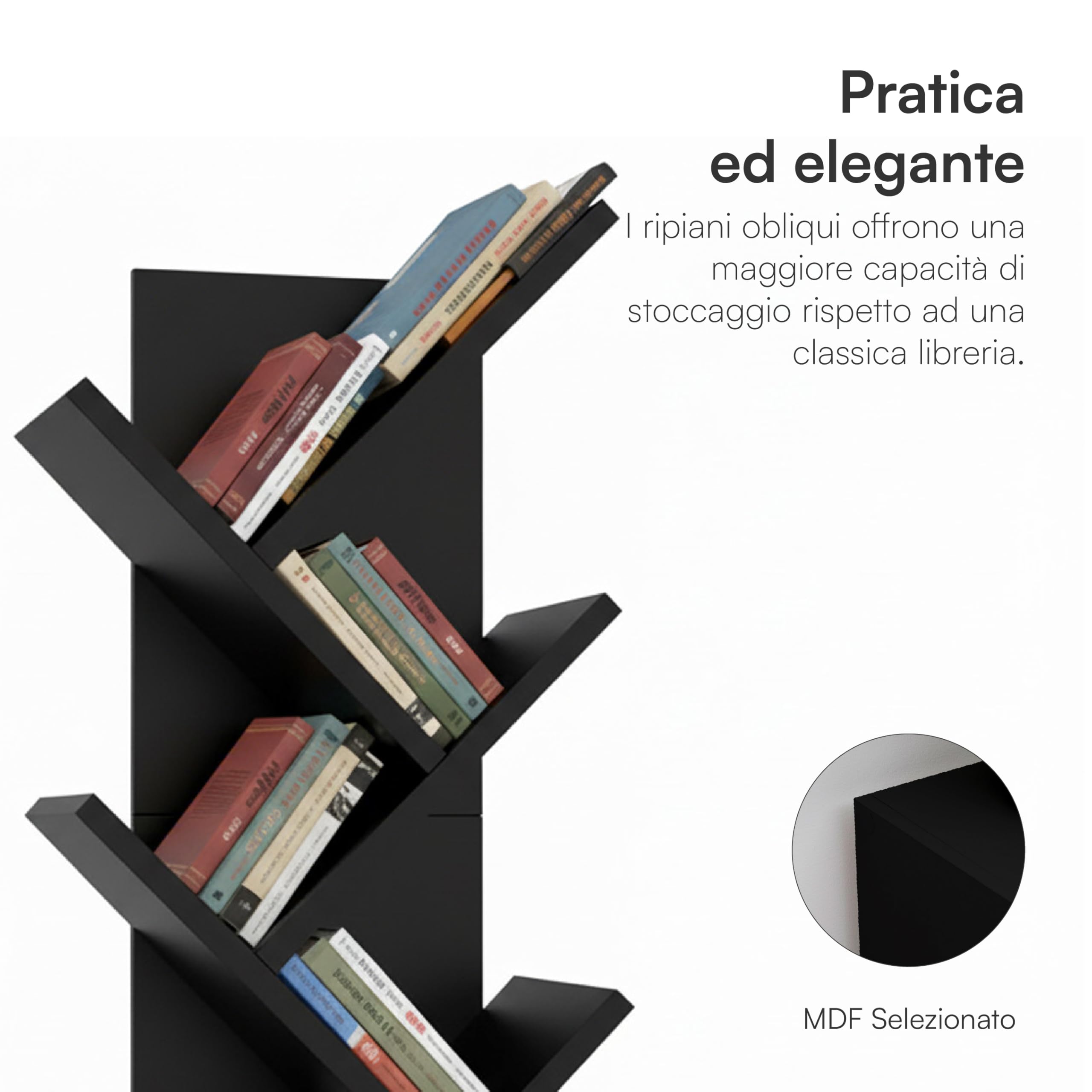 Baroni Home Libreria ad Albero Salvaspazio a 4 Ripiani Scaffale Portalibri Verticale da Terra per Soggiorno, Studio e Cameretta, 18x30x 60cm Nera