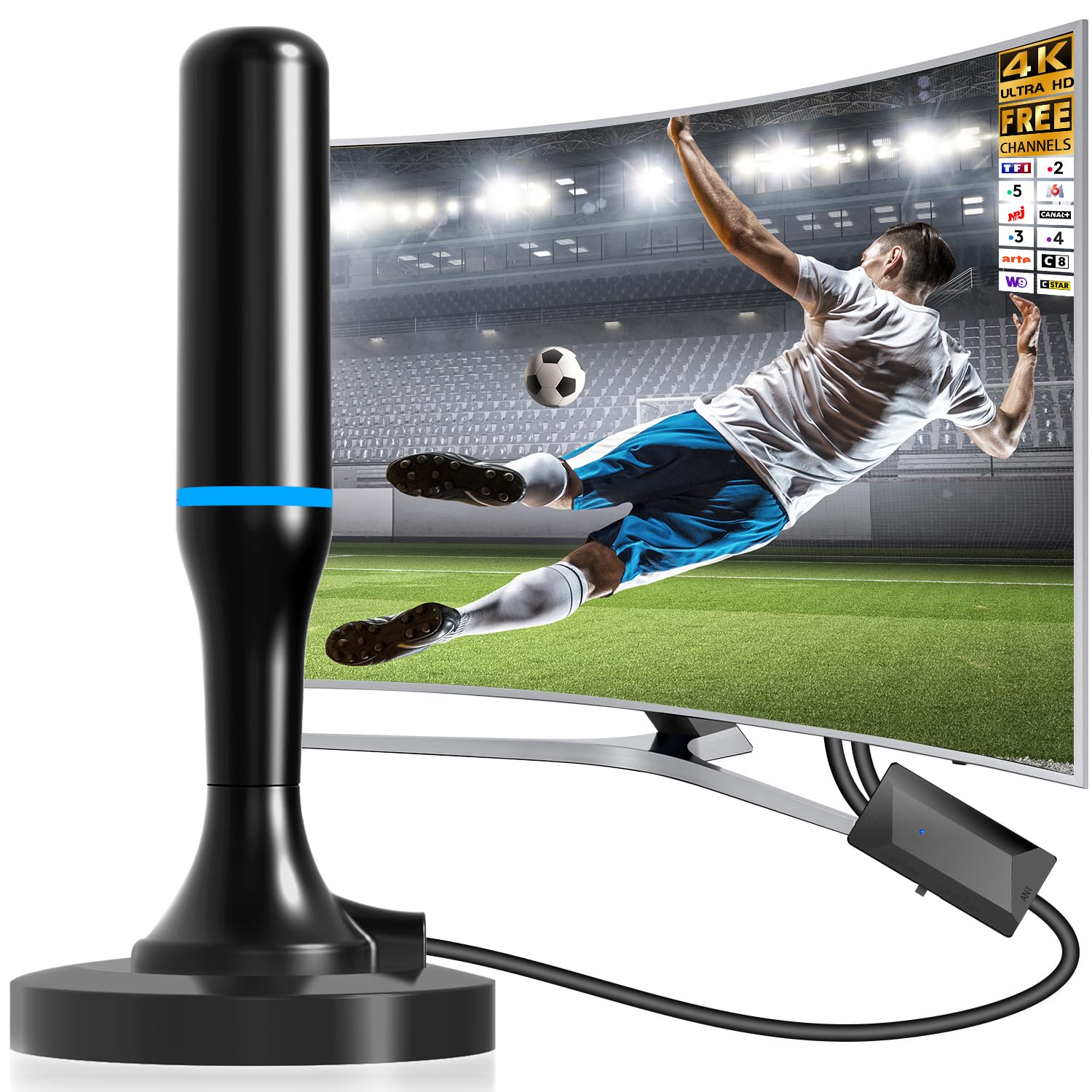 Antenne TV intérieur, Antenne TV Intérieur Puissante TNT HD, Antenne TNT Intérieur Amplifiée pour Téléviseur Intelligent, Antennes TNT 4K 1080P pour Chaînes Locales, Base Magnétique, Câble 3m (Blue)