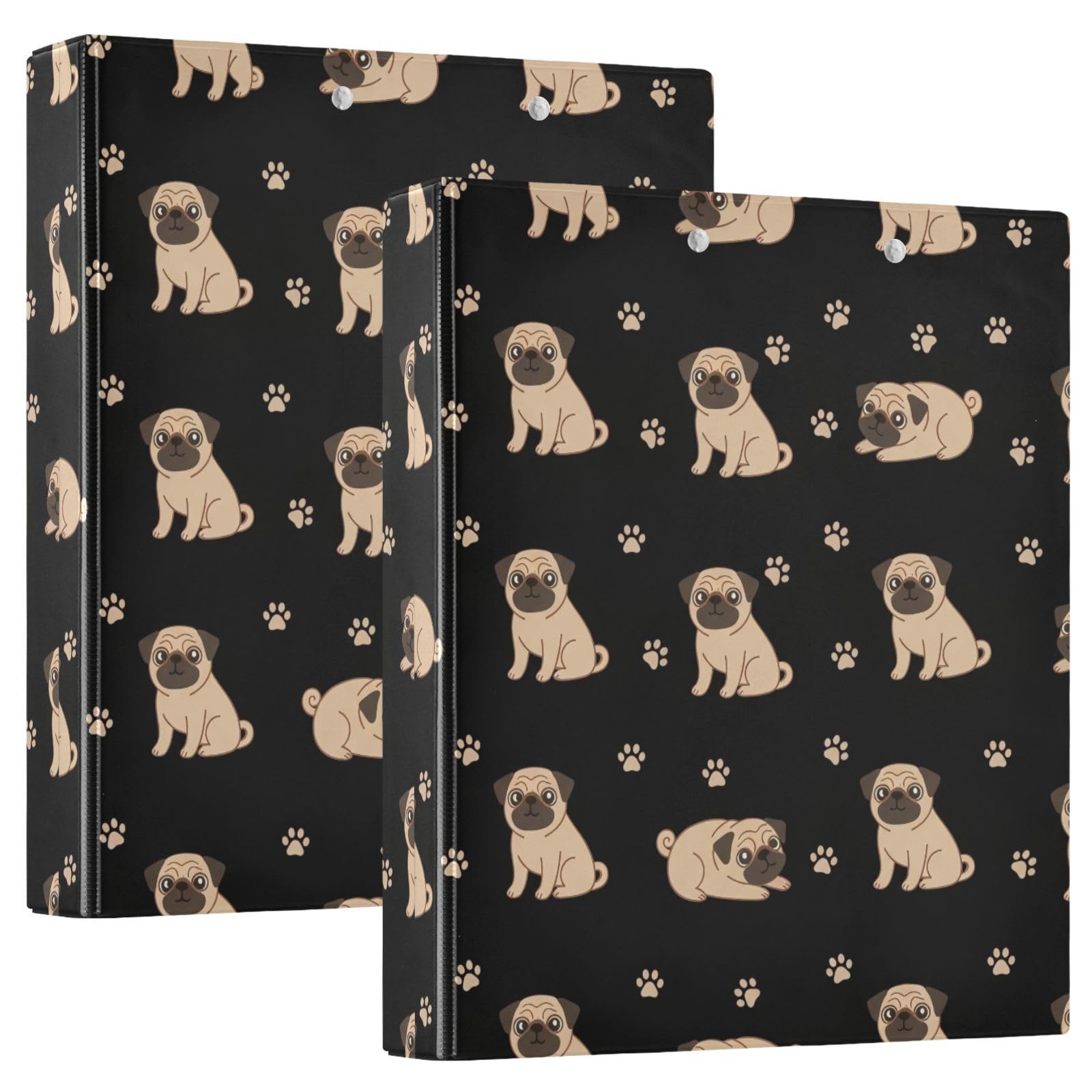 Confezione da 2 raccoglitori ad anelli con tasche grandi, motivo zampa di carlino, colore beige, con tasche grandi, per scuola, università e ufficio