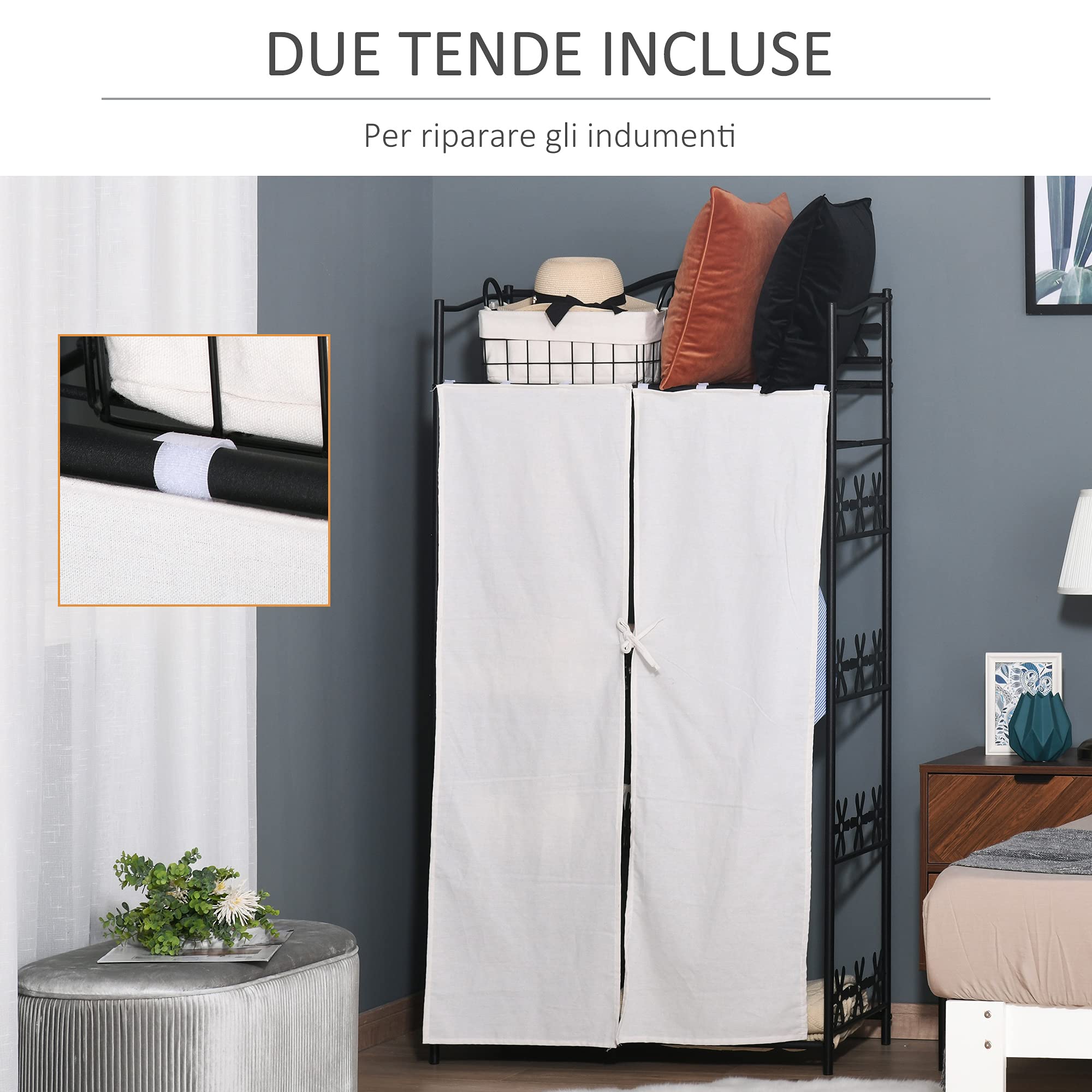 Armadio A Rotelle HOMCOM Con Tenda – 60x40x128 Cm, Effetto Legno