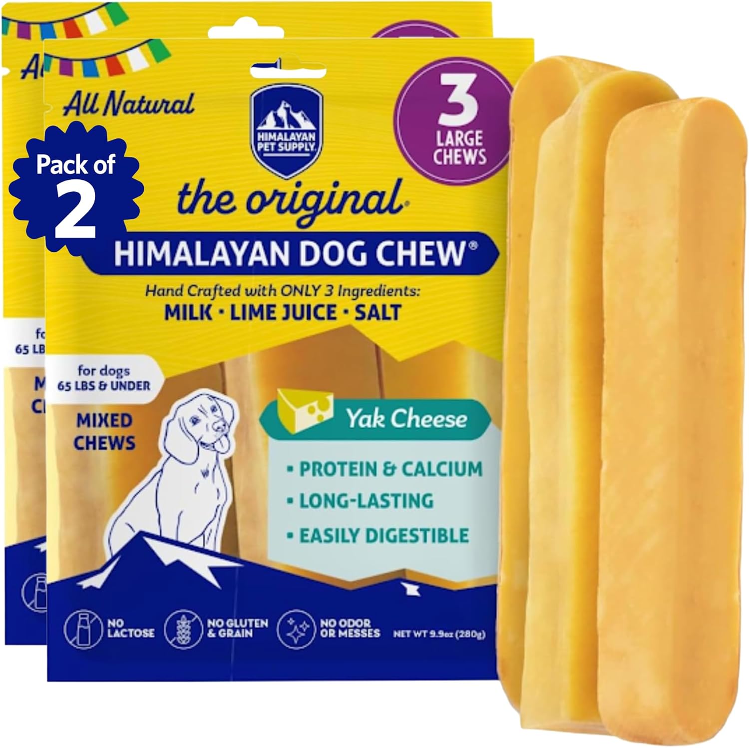 Himalayan Dog Chew Cheese Yak Chews, 100% Natural Cheese Dog Chew, Long Lasting, Gluten Free, Healthy & Safe Dog Treats, Lactose & Grain Free, Protein Rich; Dogs 65 Lbs & Smaller, 6 Count Yak Chews