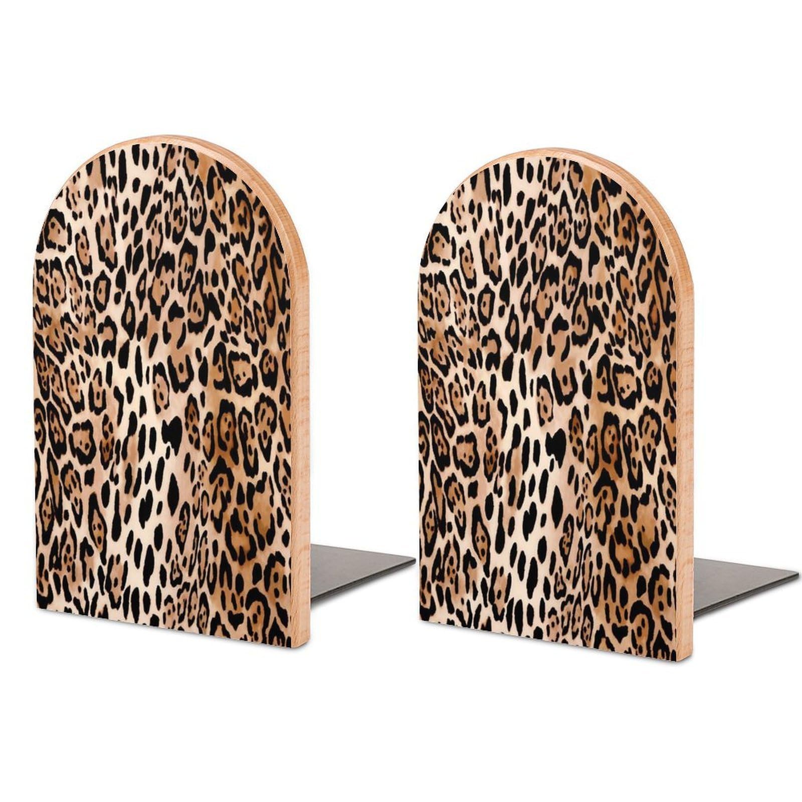 Leopard Background Beech Wood Bookends Heavy Duty Book Organizers Desktop File Holder for Office Home Bookshelf