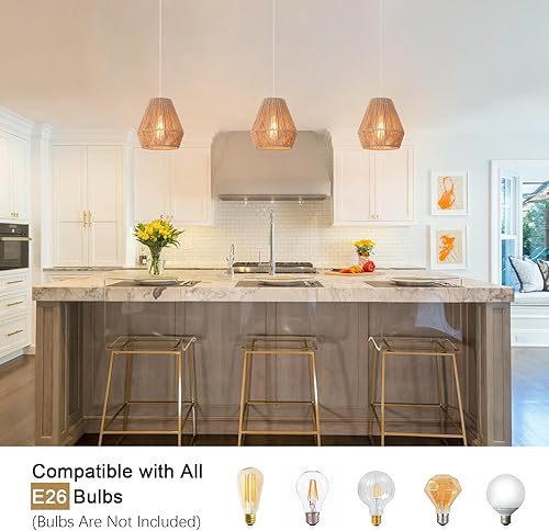 Miniatura 5 de Paquete de 3 luces colgantes de mimbre de 7 pulgadas, luces colgantes bohemias con pantalla de ratán tejida a mano, luces colgantes rústicas para