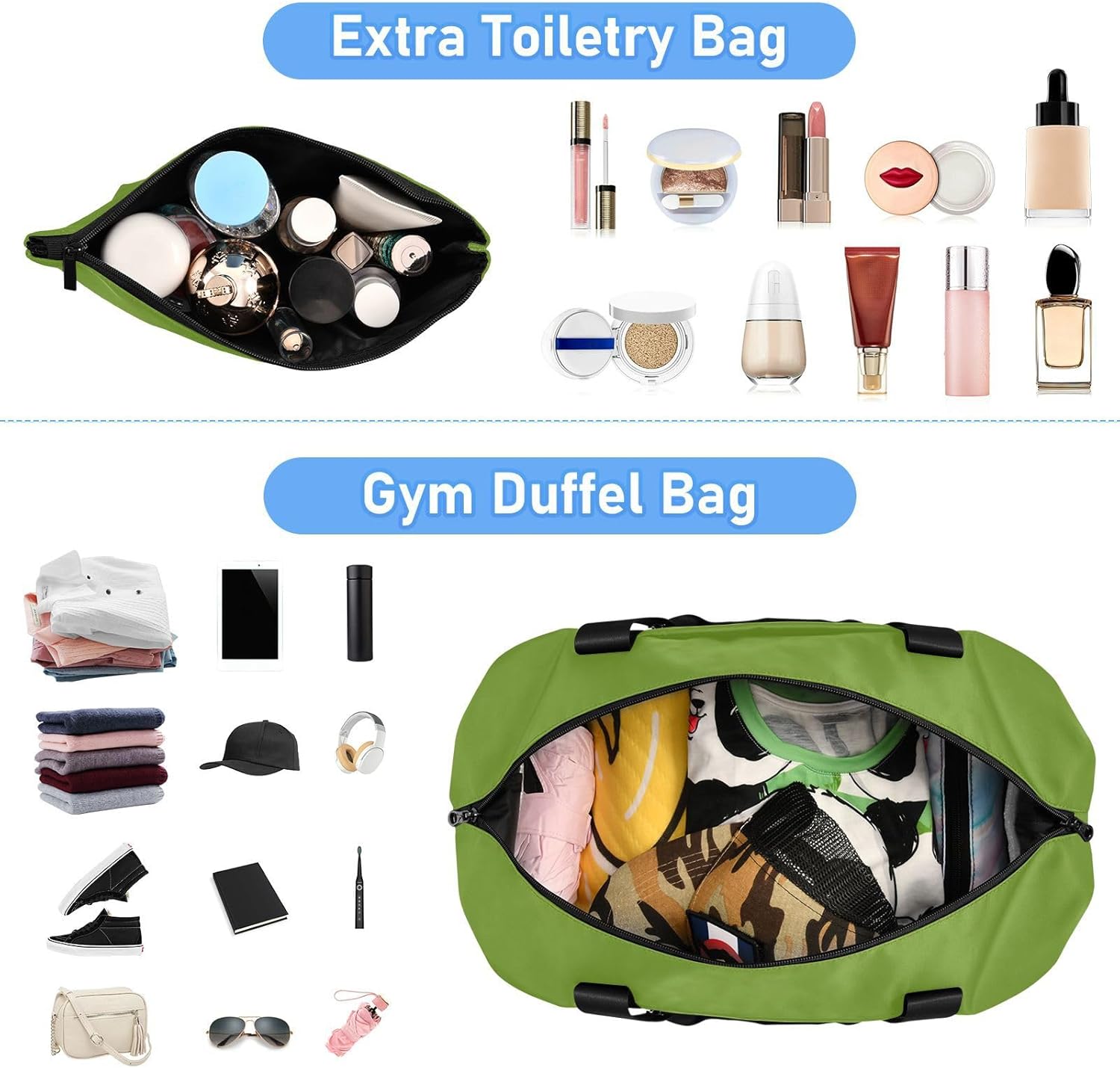 Olive Drab Solid Color Pure Plain Green Travel Tote Gym Bag Carry on Bag with Toiletry Bag for Travel Multifunctional
