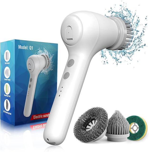 Electric Spin Scrubber, HassoKon Electric Cleaning Brush, Cordless Power Scrubber with 4 Replaceable Brush Heads, Storage Tank, IPX7 Waterproof, Rechargeable for Bathtub, Floor, Wall, Toilet, Sink
