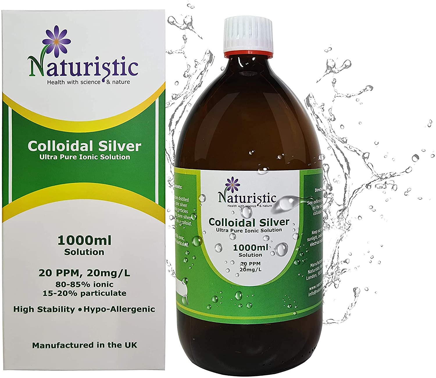 Colloidal Silver Water ● 20 PPM ● 1000ml Amber PET ● Small Particle Size for Optimal Results ● 100% Natural ● Immune Support (1000ml)