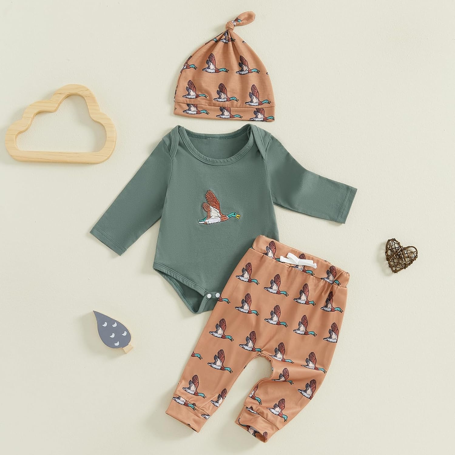 Newborn Baby Boy Hunting Clothes Mallard Duck Embroidery Romper Bodysuit Long Pants Hat Set Fall Winter Outfits - Image 2
