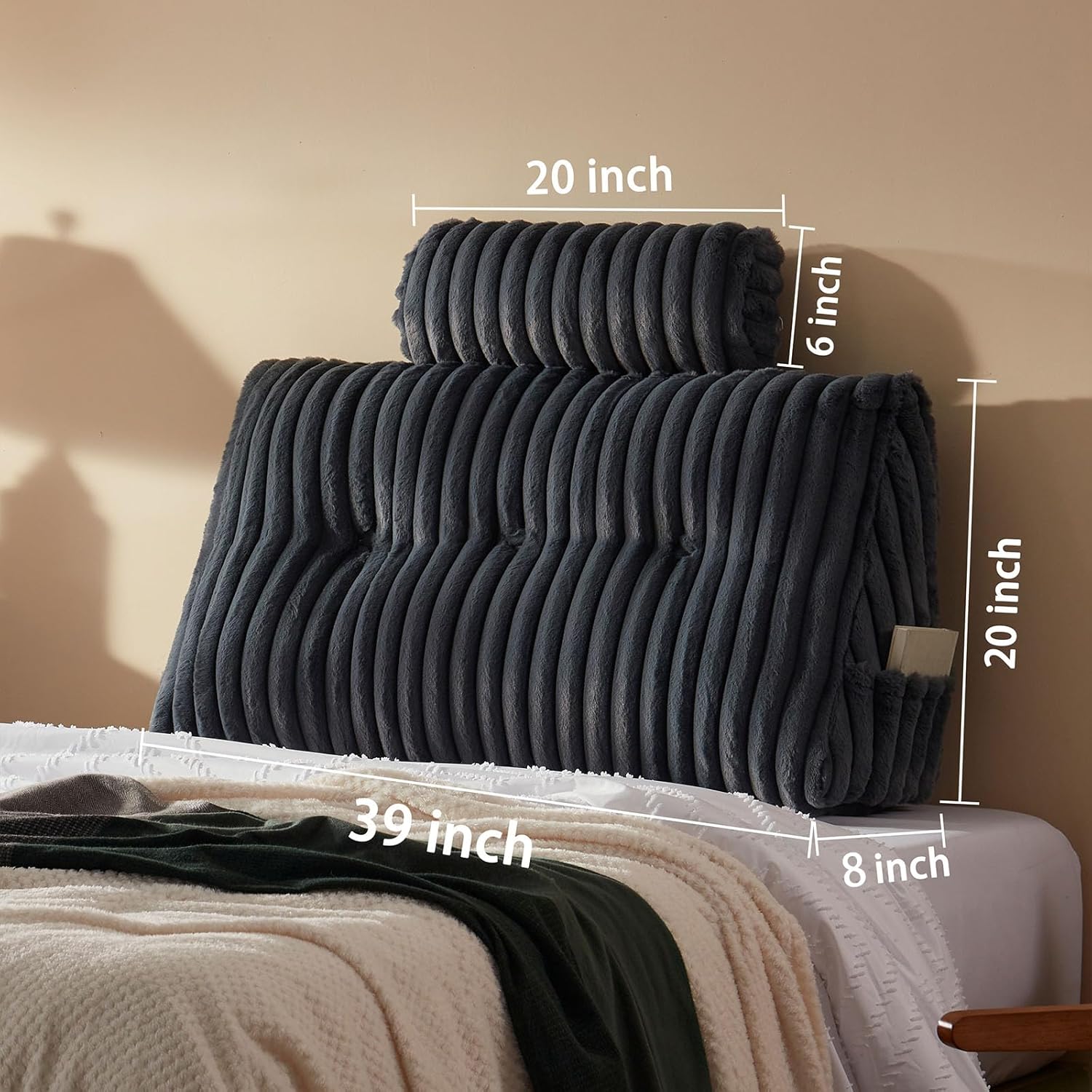 Faux Fur Headboard Pillow with 2 Pack Neck Roll Pillow Large Headboard Pillow Soft and Supportive with Removable Cover (Grey, Twin) Twin Grey