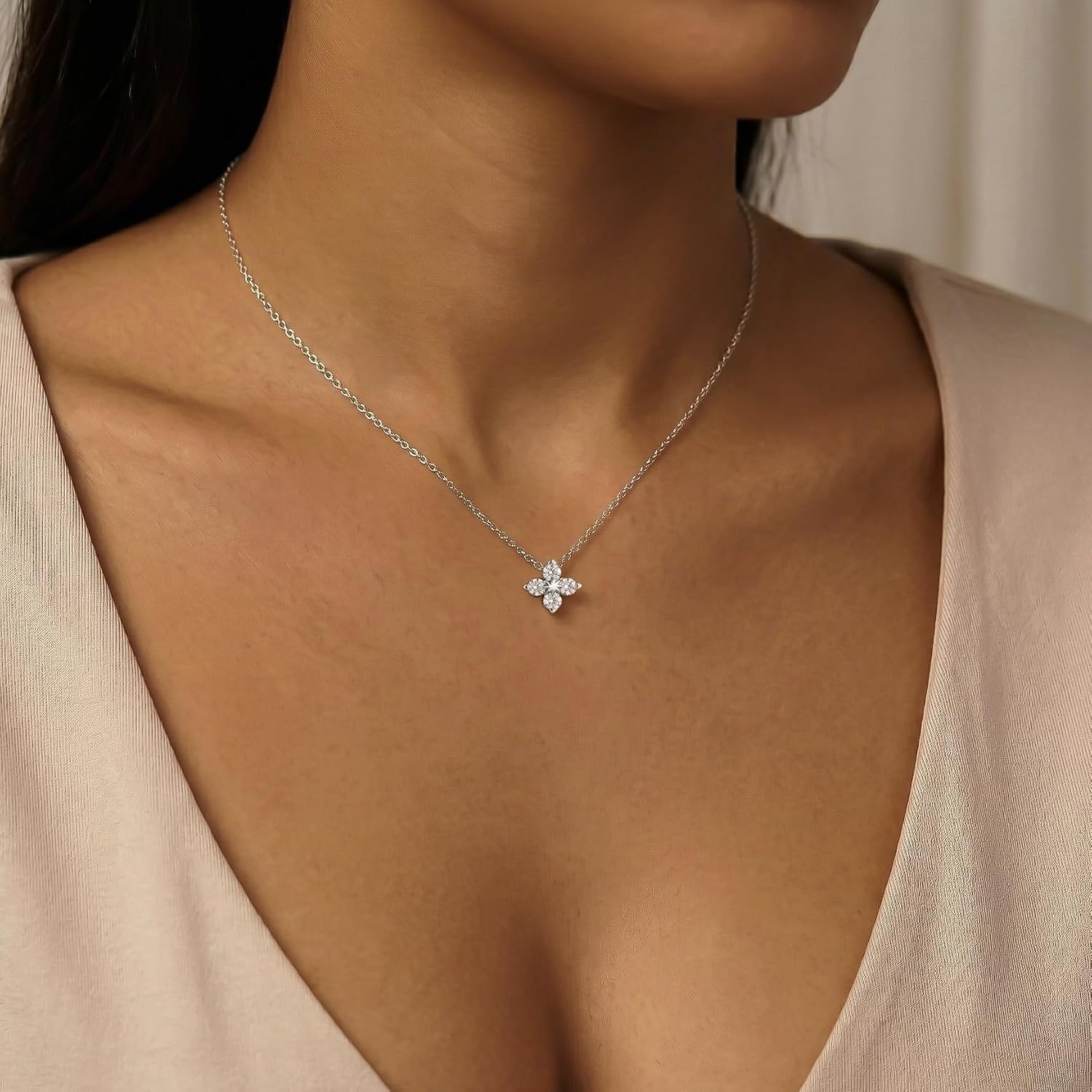 Gold Silver Necklace for Women 14K Gold Silver Plated Dainty Pendant Chain Necklaces Cubic Zirconia Clover Flower Spiral Sun Wishbone Angle Wings Pearl Drop North Star Charm Trendy Jewelry Gift