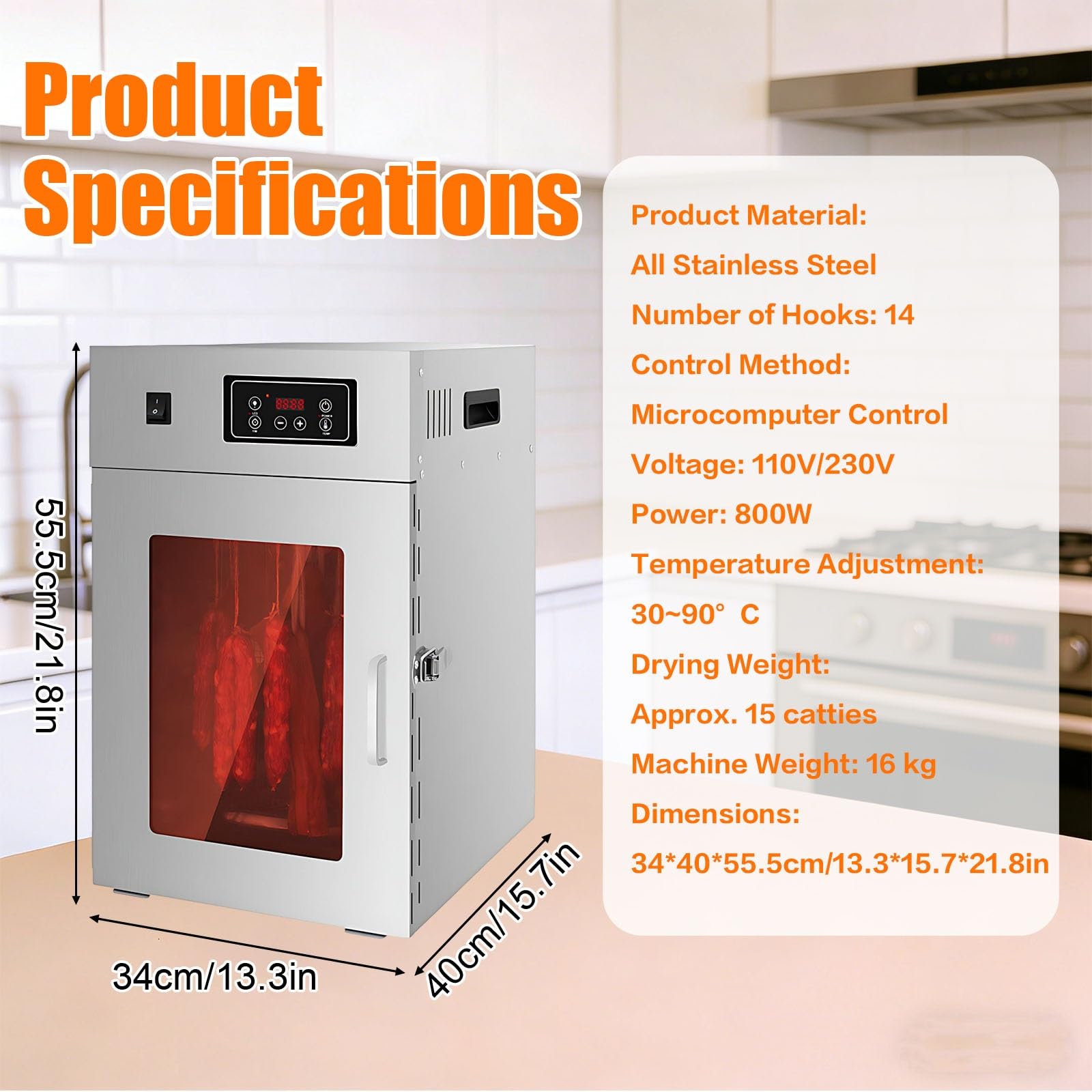 Essiccatore Carne, Essiccatore Carne Professionale Digitale 800w Con Timer 24 Ore, Armadio Di Essiccazione Sospeso per Carne Secca E Salumi, Uso Ristorante