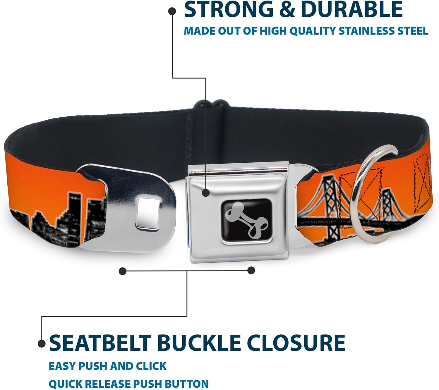 Dog Collar Seatbelt Buckle San Francisco Vivid Skyline Orange Fade Black 11 to 17 Inches 1.0 Inch Wide