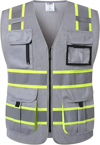 Miniatura 5 de JKSafety Chaleco de seguridad de malla de alta visibilidad con 9 bolsillos para hombres y mujeres, chaleco reflectante de seguridad, cremallera