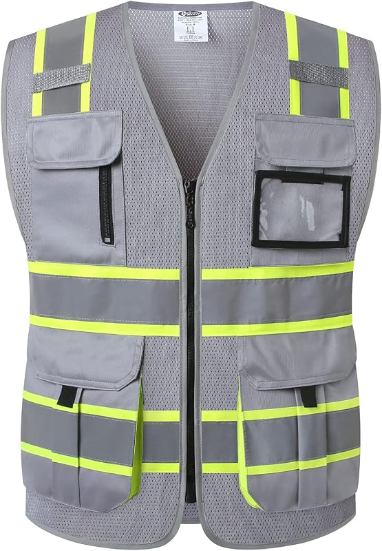 Safety Vest for Men Women Hi Vis Reflective Tapes JK140 Grey L | 9 Pockets, 4 Reflective Strips with Neon Trim Mesh Breathable for Construction Work Outdoor