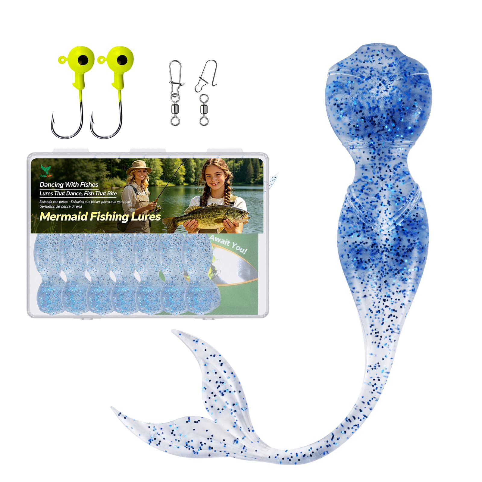 5.2" Large Mermaid Fishing Lures Kit, Soft Plastic Baits with Jig Heads & Swivels with ansp, Ultra-Thin Tail Realistic Bionic Fishing Baits with Glitter for Bass Trout Musky in Freshwater Saltwater