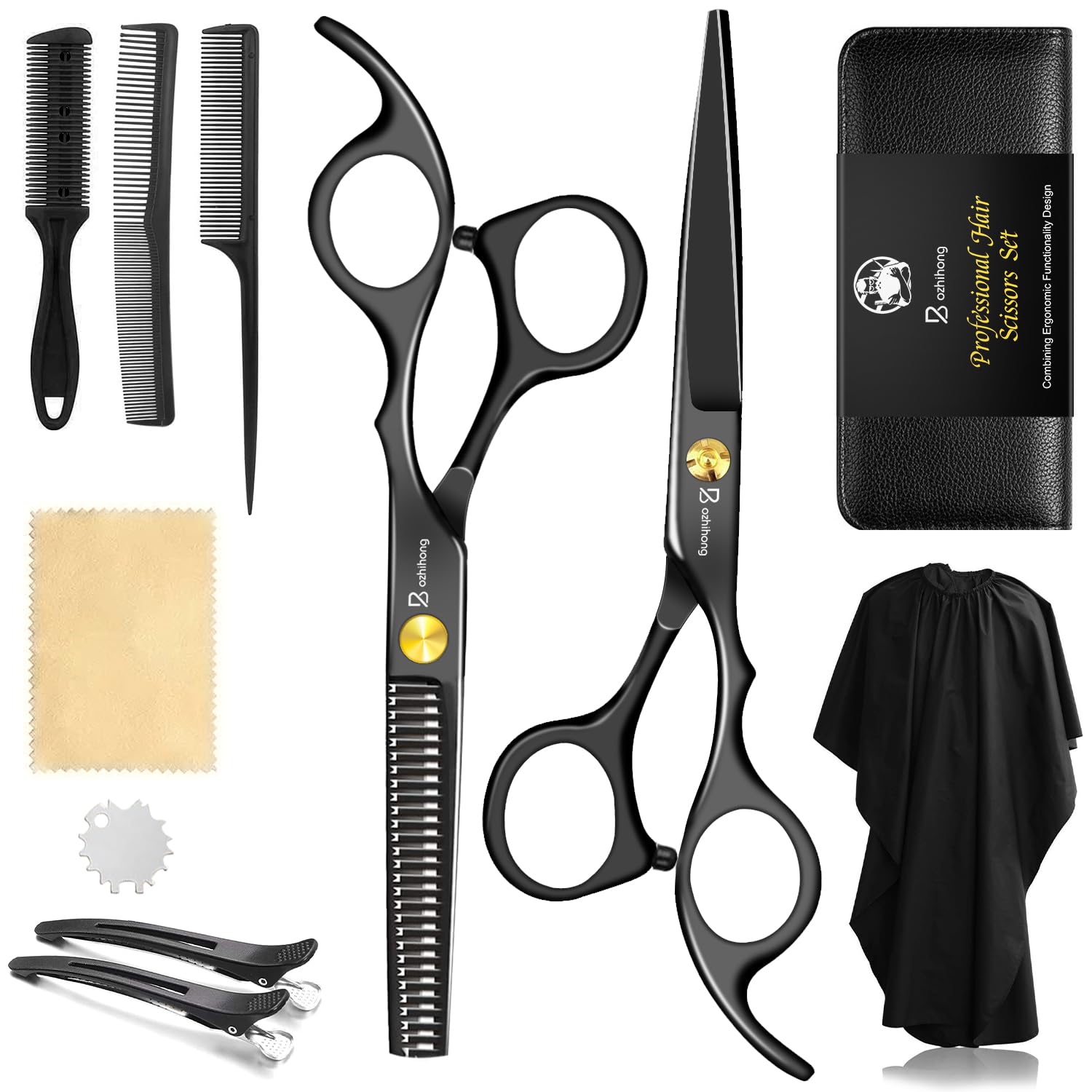Bozhihong Friseurschere Set, 6.7 Zoll Professionelle Haarschere Set, Scharfe Haarschneideschere mit Friseurumhang, Effilierscheren für Damen Herren Kinder, Haarschne Schere für Familie Friseursalon