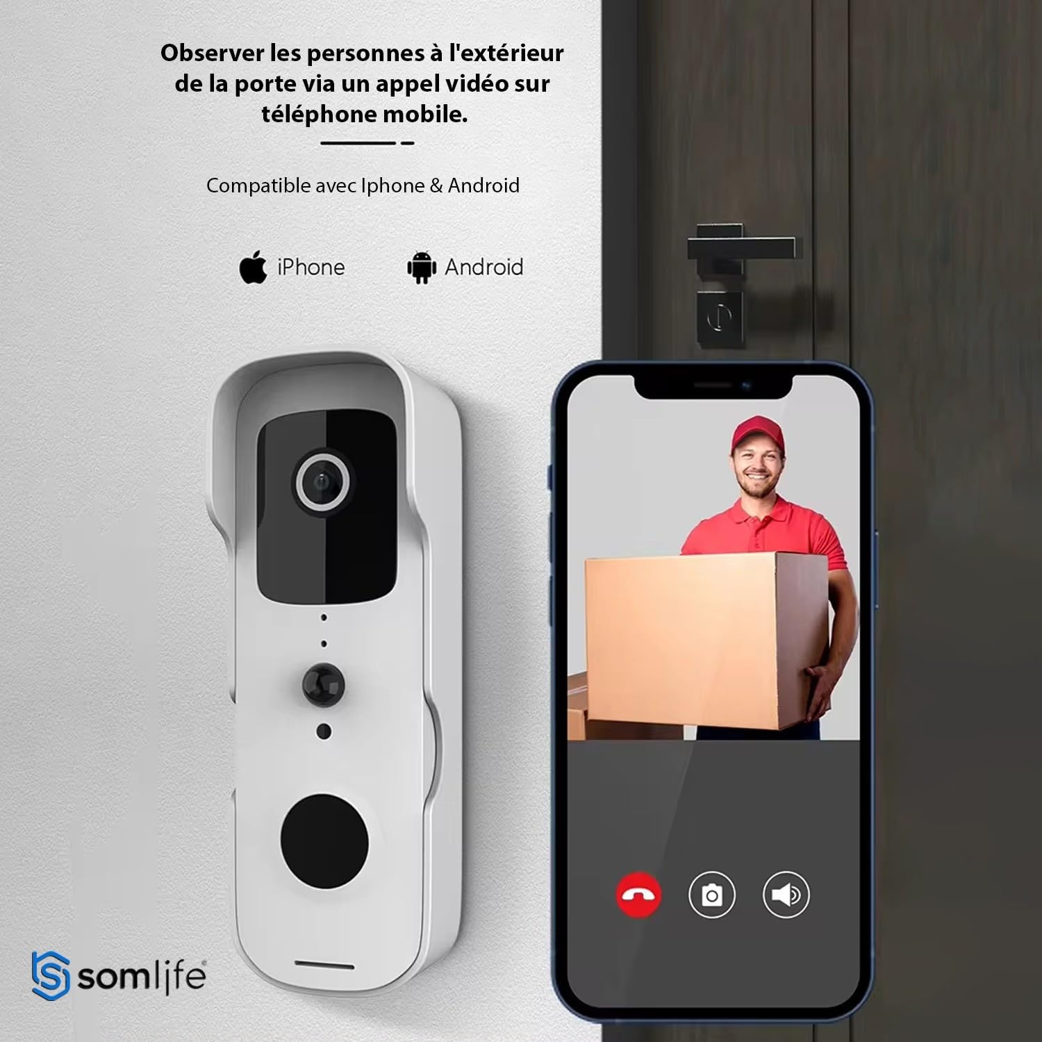 Sonnette portier HD SomLife app tuya smart life autonome sans fils alerte direct smartphone, vision nocture carillon fourni