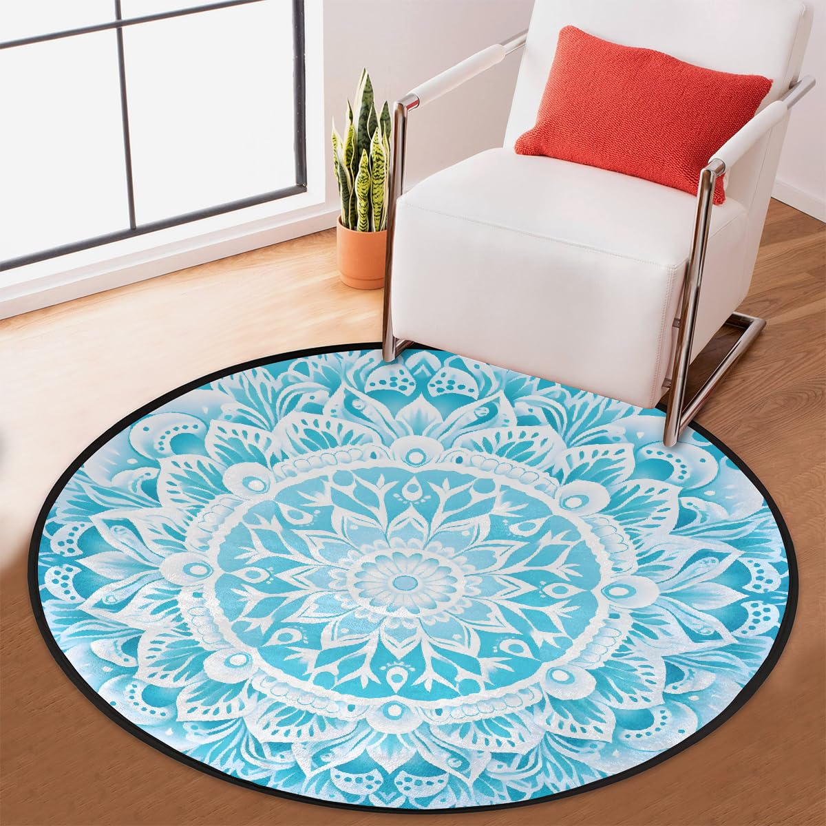 Mexpekil Teppich, rund, Mandala-Blumenmuster, für Wohnzimmer, waschbare Bodenmatte mit rutschfester Unterseite, 92 cm Durchmesser, moderne Heimdekoration