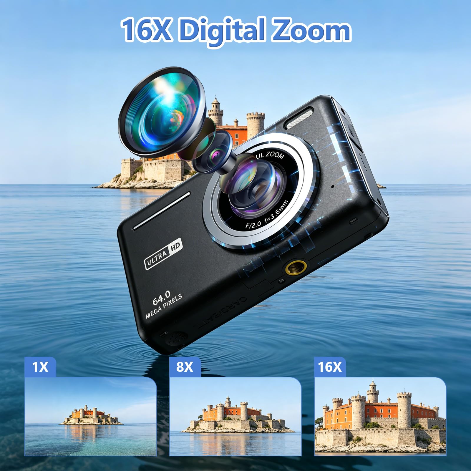 Cámara de Fotos 64MP 4K Cámara Digital Compacta con Zoom 16X 2,8" LCD Compacta Portátil Cámara con Tarjeta 32GB para Niños Principiantes Adulto (Negro)