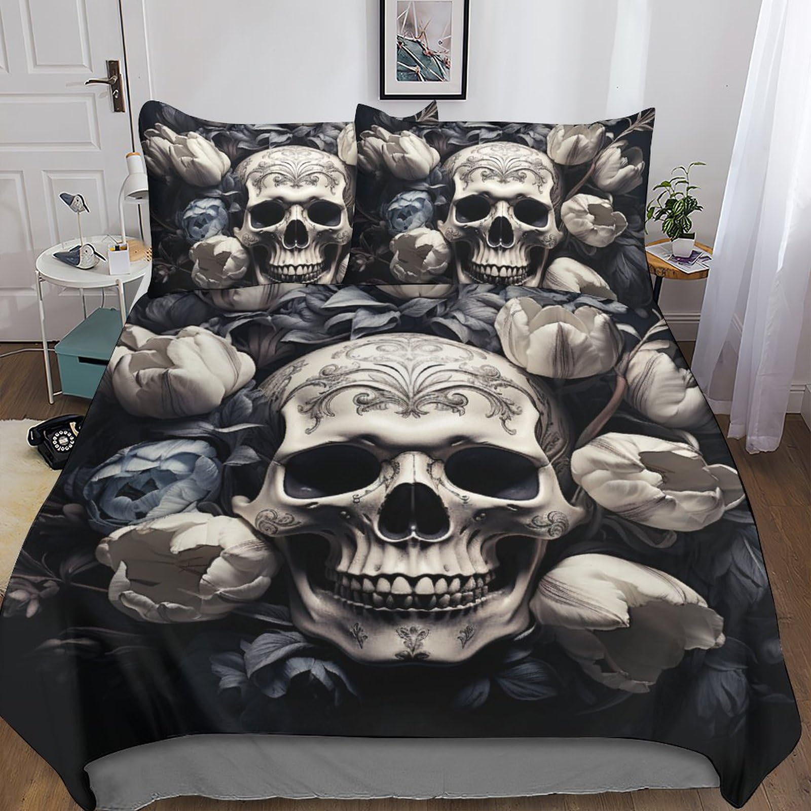 Housse de couette imprimé 3D motif skull unique parure de lit microfibre douce