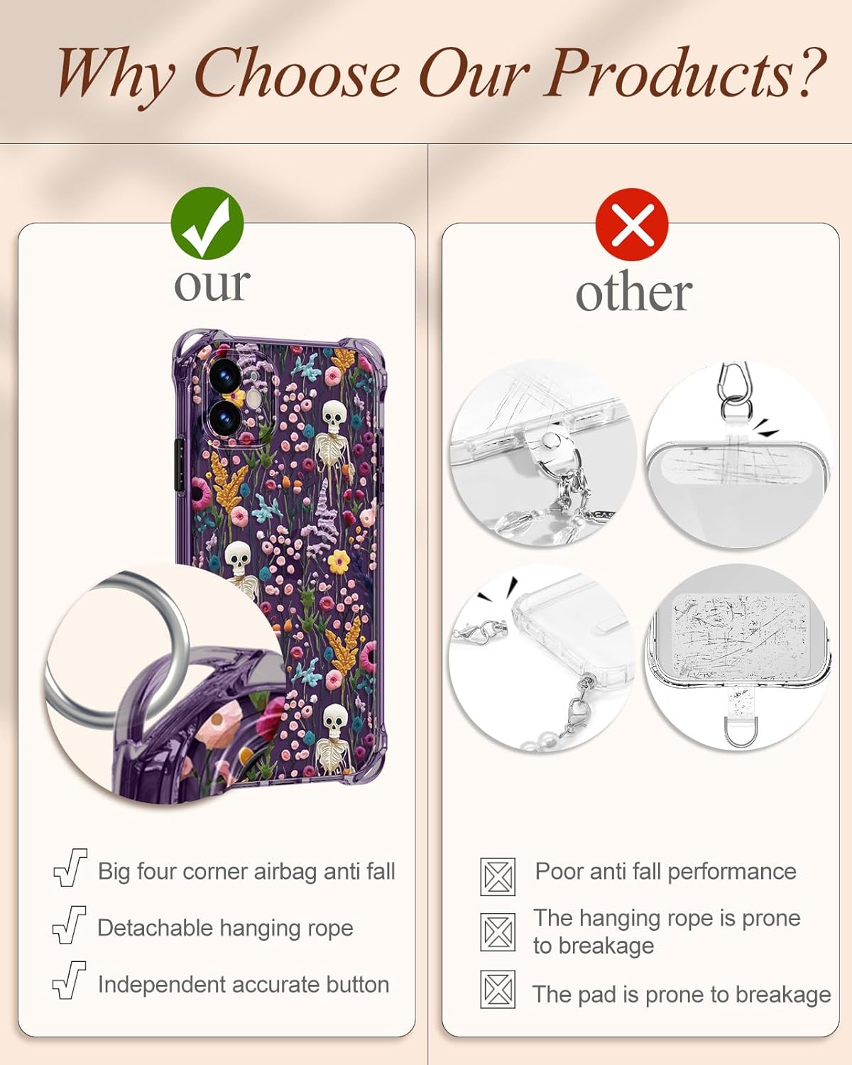 Toycamp for iPhone 11 Case with Strap for Women - Cute Funny Girls Girly Skull Flower Pattern Design for iPhone 11 Case with Wrist Lanyards Four Corners Flexible Hang Style - Image 4