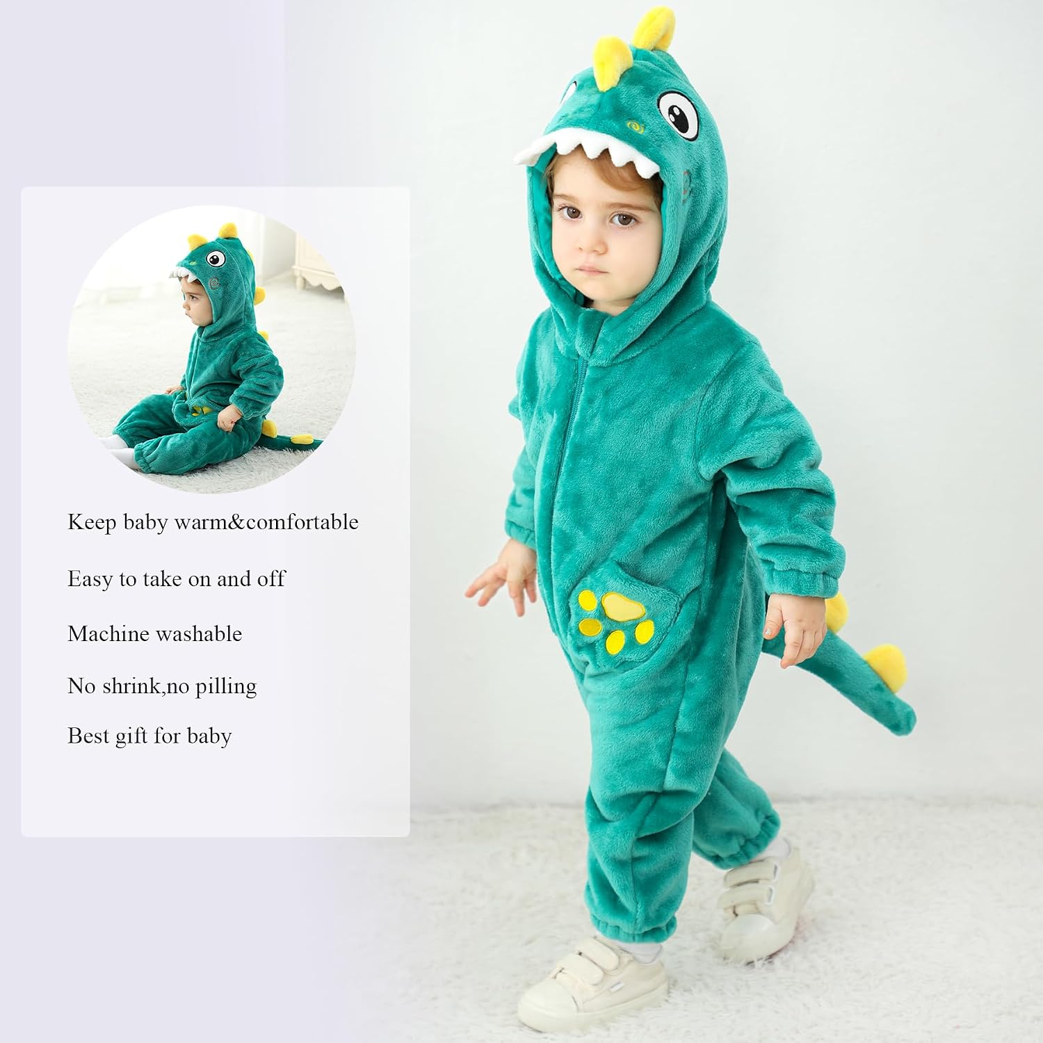 TONWHAR Dinosaur Costume for Toddler Boys & Girls, Cute Baby Animal Romper Halloween Dress Up Onesie