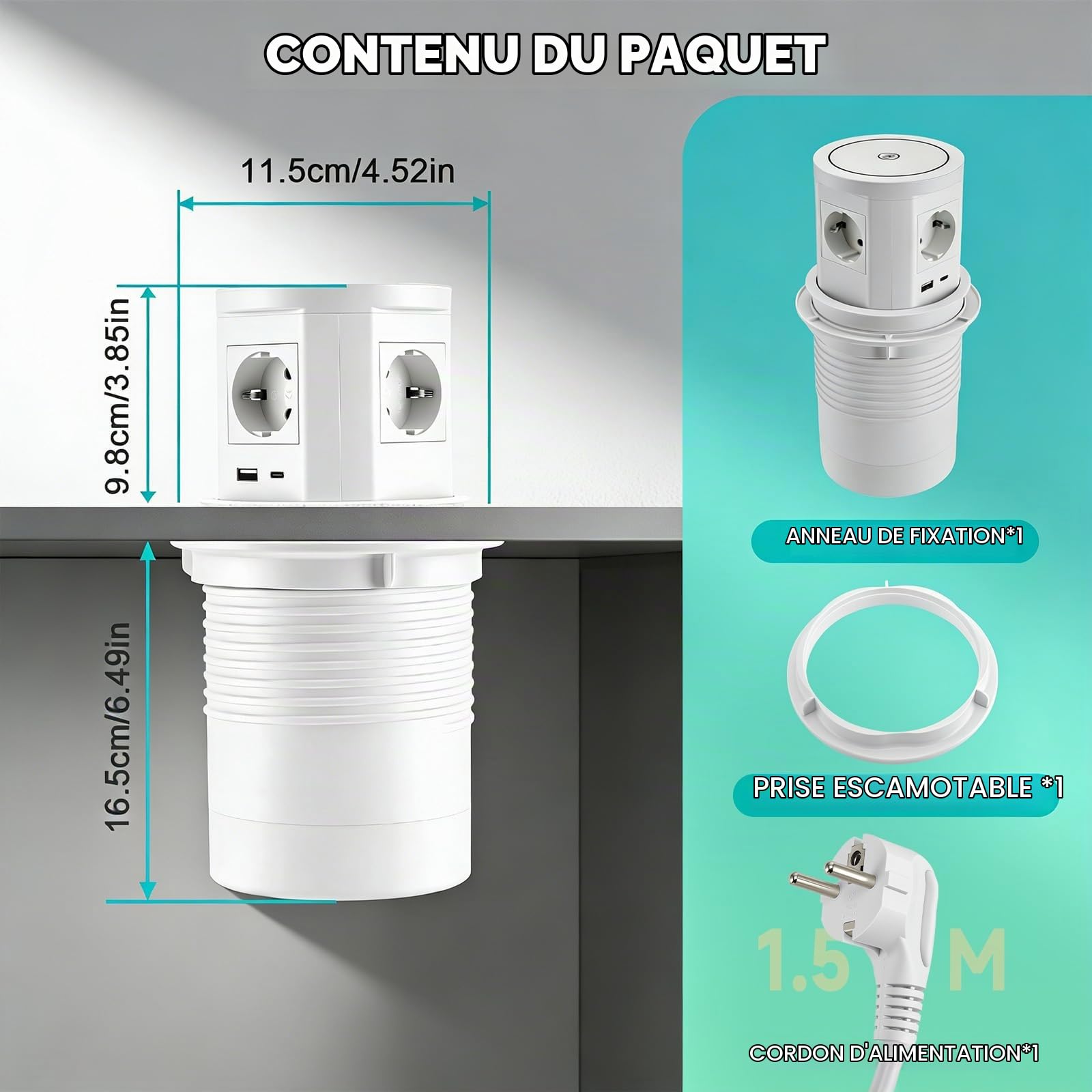 Multiprise de Table Rétractable 9 en 1, Prise Encastrée avec USB-C PD 75 W, Multiprise 4 Prises avec Charge sans Fil 15 W, Prise de Table Rétractable pour Plan de Travail, Bureau (Blanc)