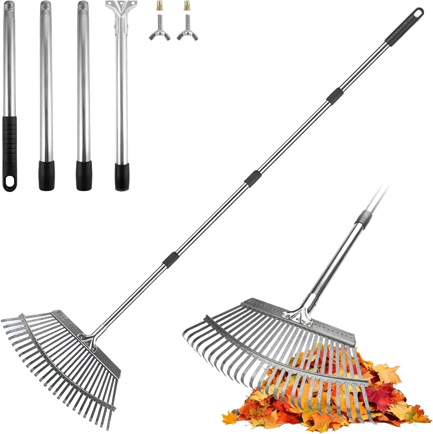 ARTIPOLY Garden Leaf Rake, 158cm Adjustable Long Handle, 25 Metal Tines