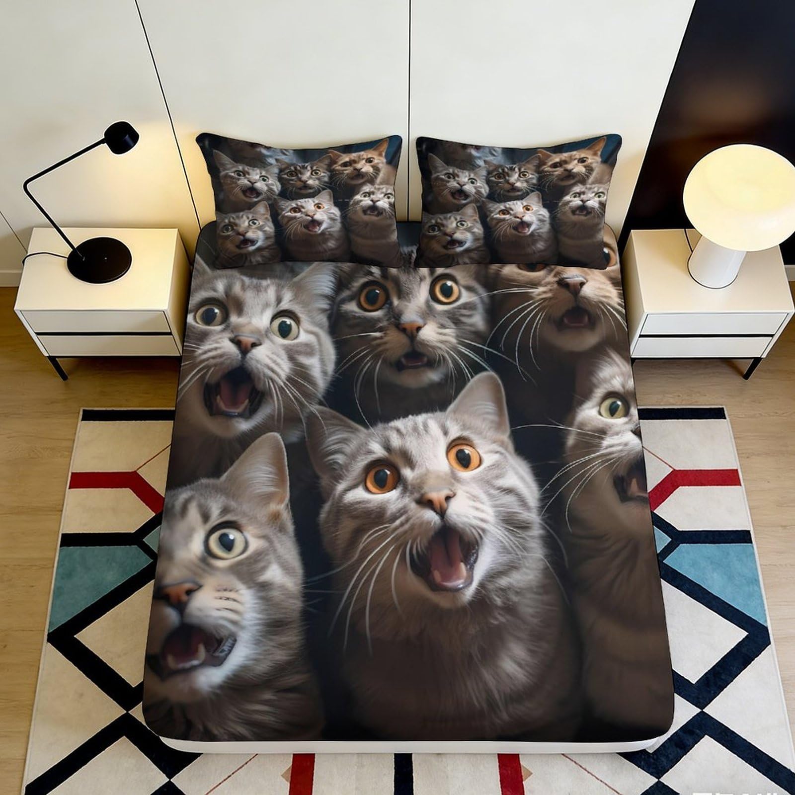 3D Printed Cute Cat Faces Fitted Sheet Microfiber Soft Anti-Slip Bed Cover for Bedroom Dorm Mattress Decor 115 140x200x25cm