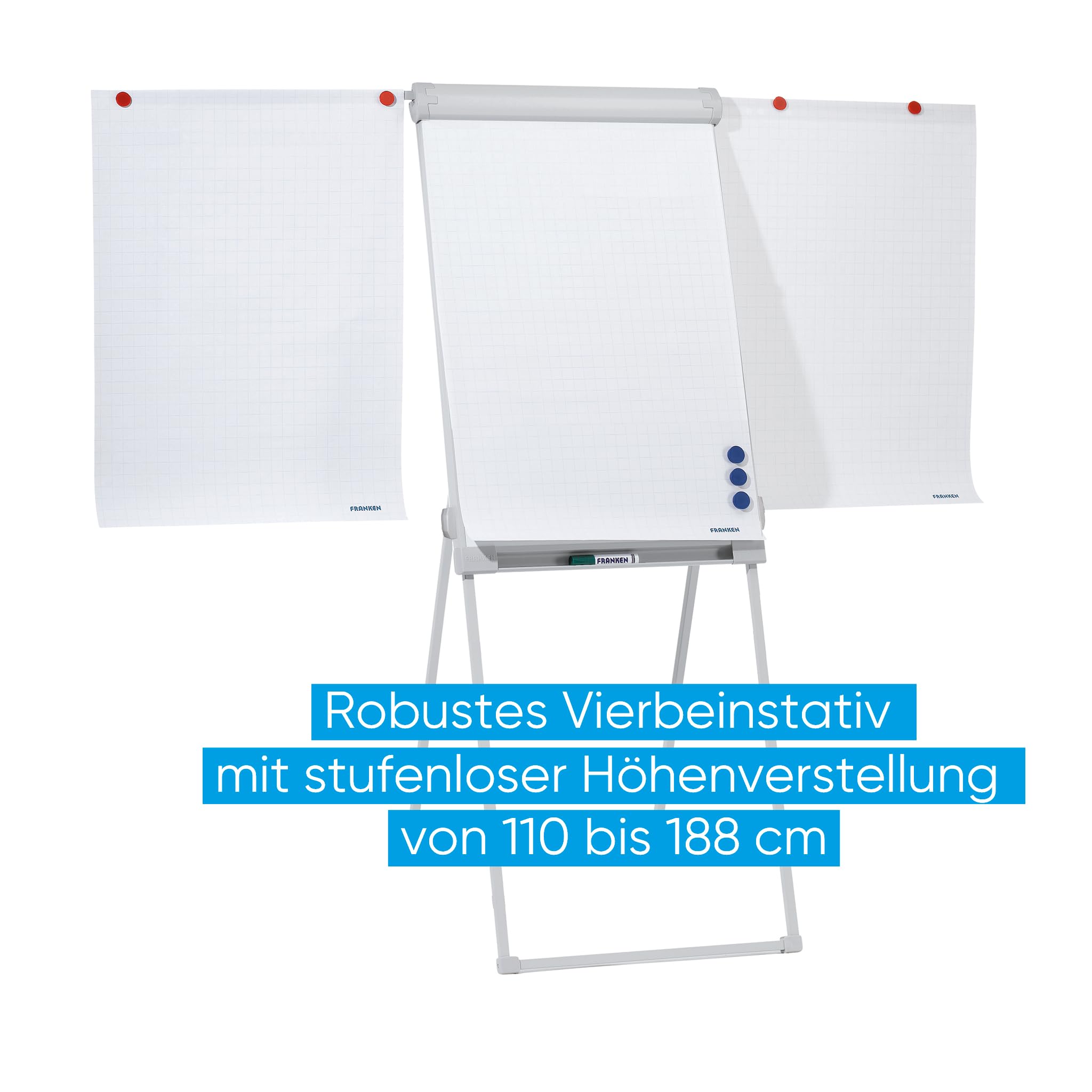 FRANKEN Flipchart, Beschreibbar, Magnetisch, Mit Seitenarmen, Dreibeinstativ, 67 x 95 cm, Höhenverstellbar, inkl. Papierhalterung und Stifteablage, PRO Deluxe Standard, FC84