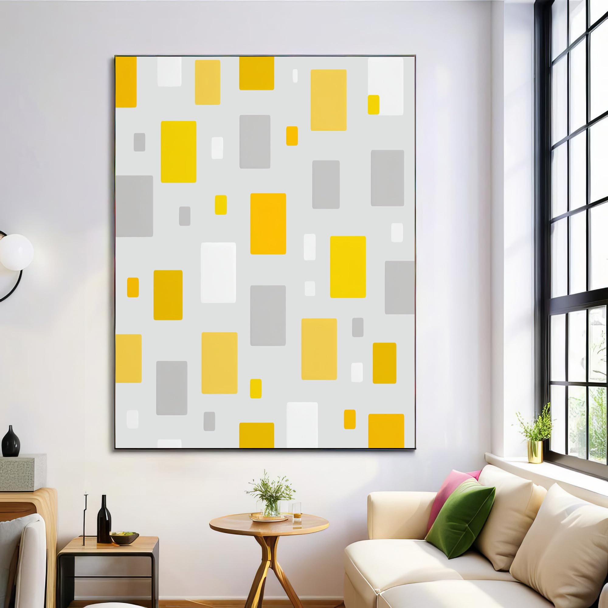 GDJSMIN Arte Murale Elementi Geometrici Quadrati, Decorazione Da Parete Per Bagno Stile Minimalista Moderno, Arte Murale Grigio Giallo Su Tela Per Camera Da Letto Bagno 80×120 Cm Senza Cornice
