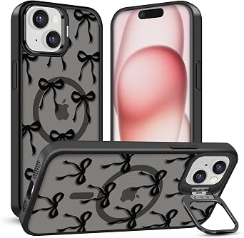 Magnetic for iPhone 15 Case, Translucent Matte Back Bow Phone Case for Women, Compatible with MagSafe, Built-in Stash Stand, Military Drop Protection, Black