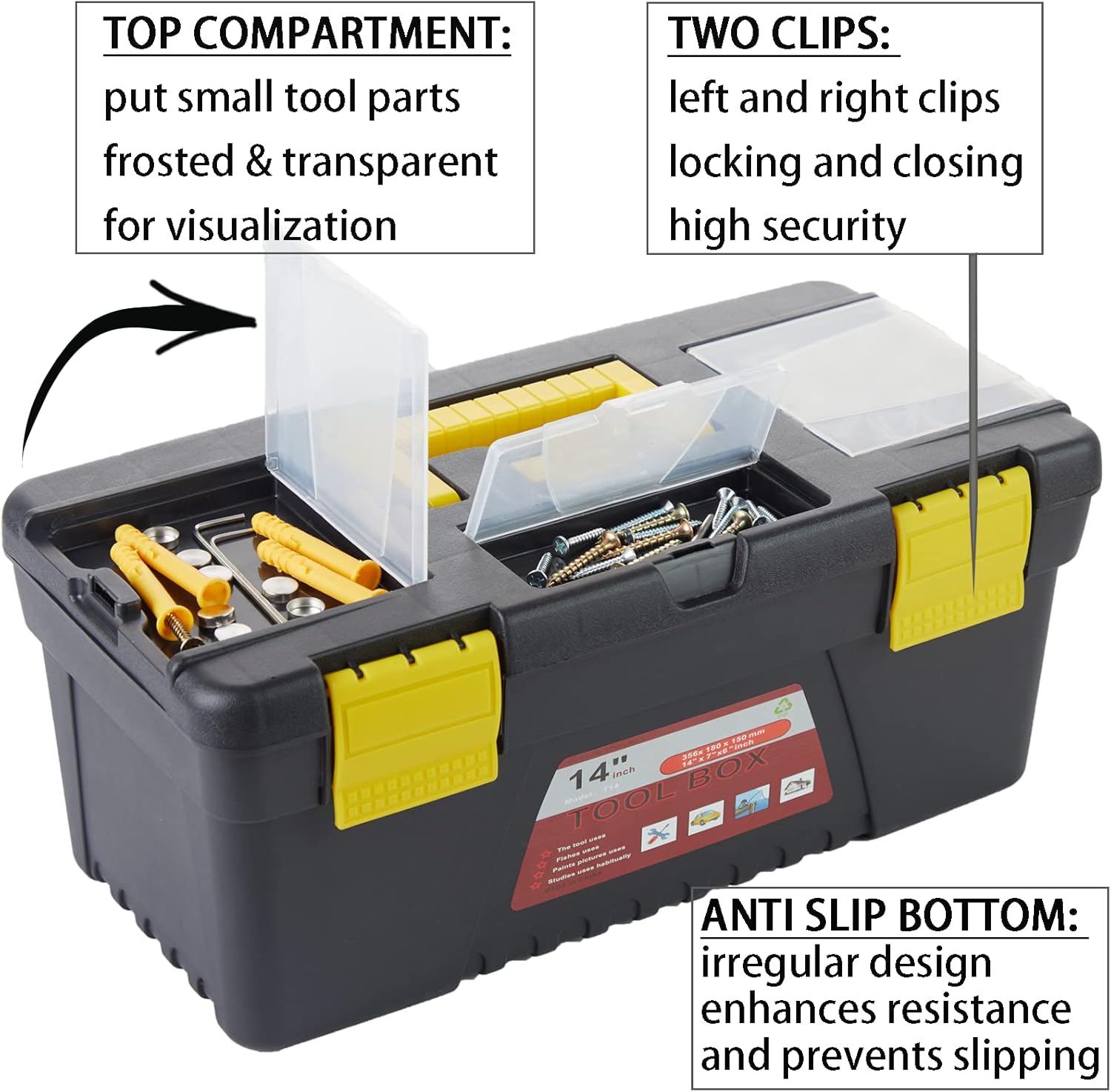 4-Piece Multifunctional Portable Storage Toolbox With Built-In Security Latch,Tray And Magnetic Wristband,Suitable For Home And Professional Repairers. (Size: 11"&12"&13"&14")