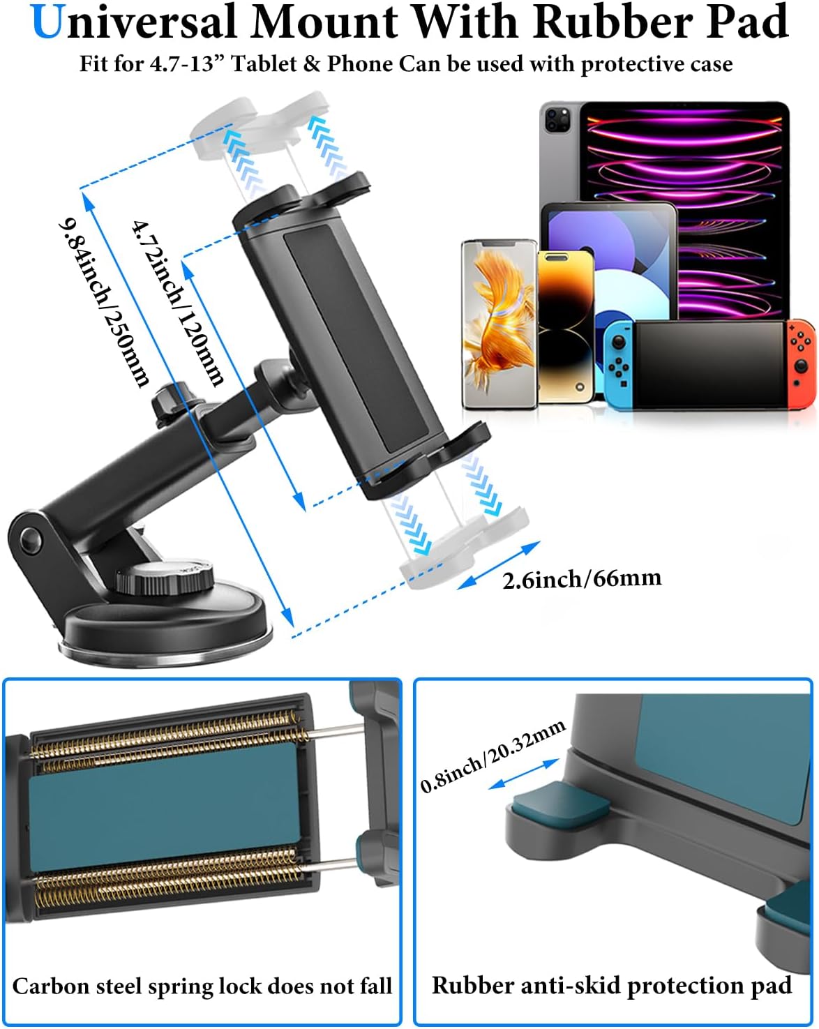 Car Tablet Holder Mount for Car Dashboard Windshield [Strong Backup Sucker] Reusable Suction CupTablet Mount for Car with Telescopic Arm for iPad Pro Air Mini 4.7-13" Devices.