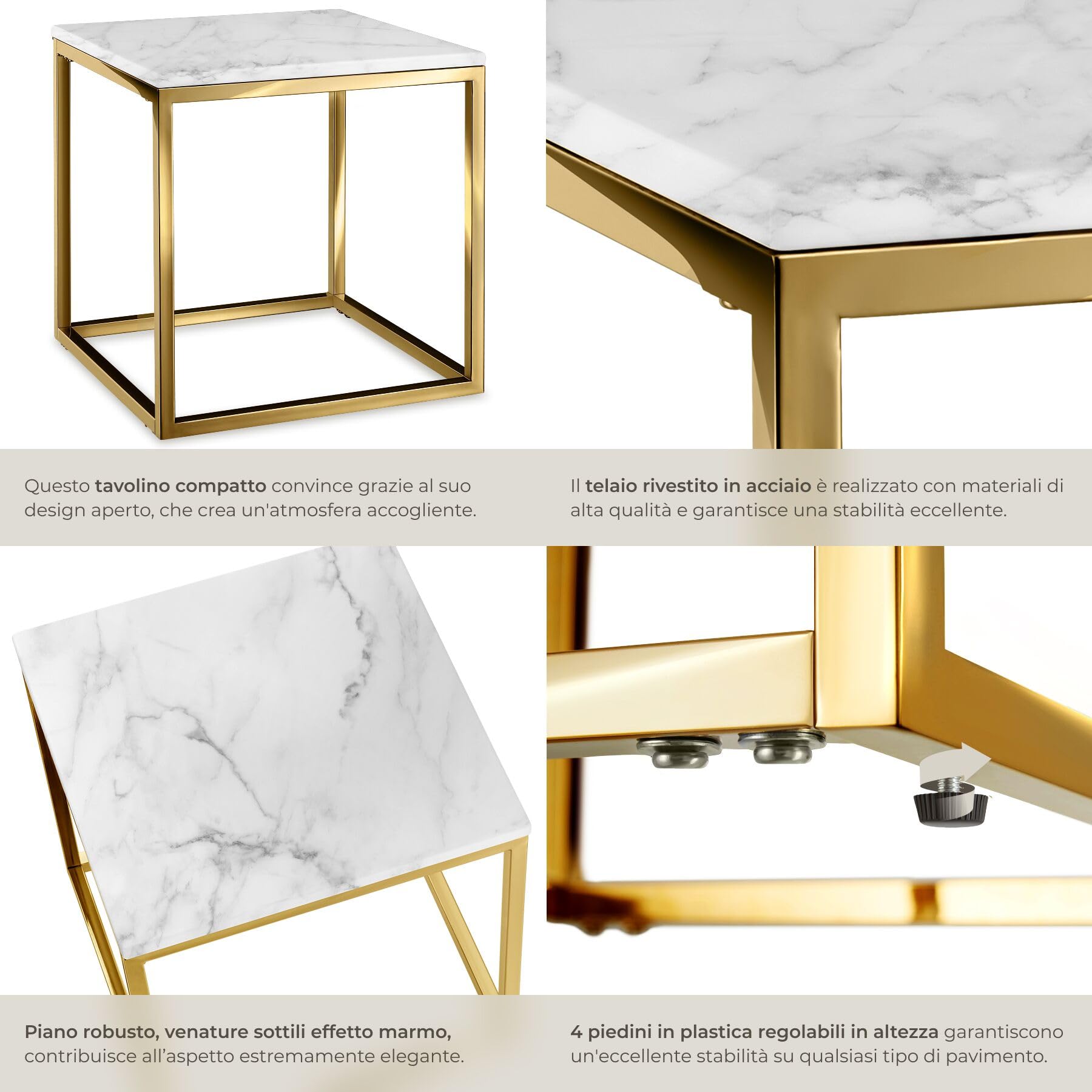 tectake® tavolino salotto in marmo, base in metallo, tavolino da caffè, tavolo basso rotondo, tavolino basso in marmo moderno per salotto, soggiorno,metallo, design, tavolo da balcone - Bianco/Oro