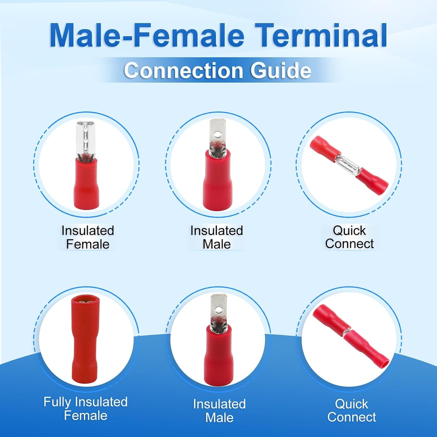BAOMAIN 0.11" Female & Male Spade Terminals Kit 22-16 AWG 200-Pack