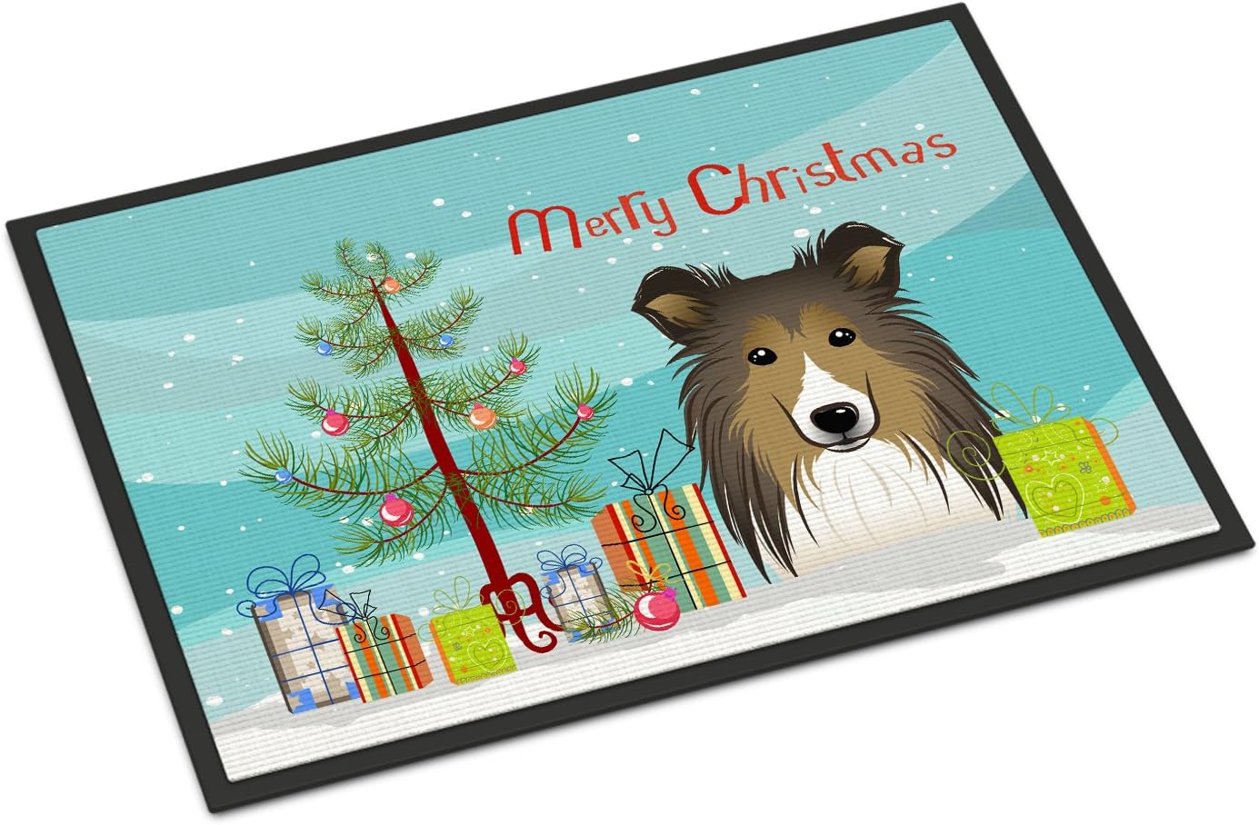 Caroline's Treasures BB1614MAT Christmas Tree and Sheltie Doormat 18x27 Front Door Mat Indoor Outdoor Rugs for Entryway, Non Slip Washable Low Pile, 18H X 27W