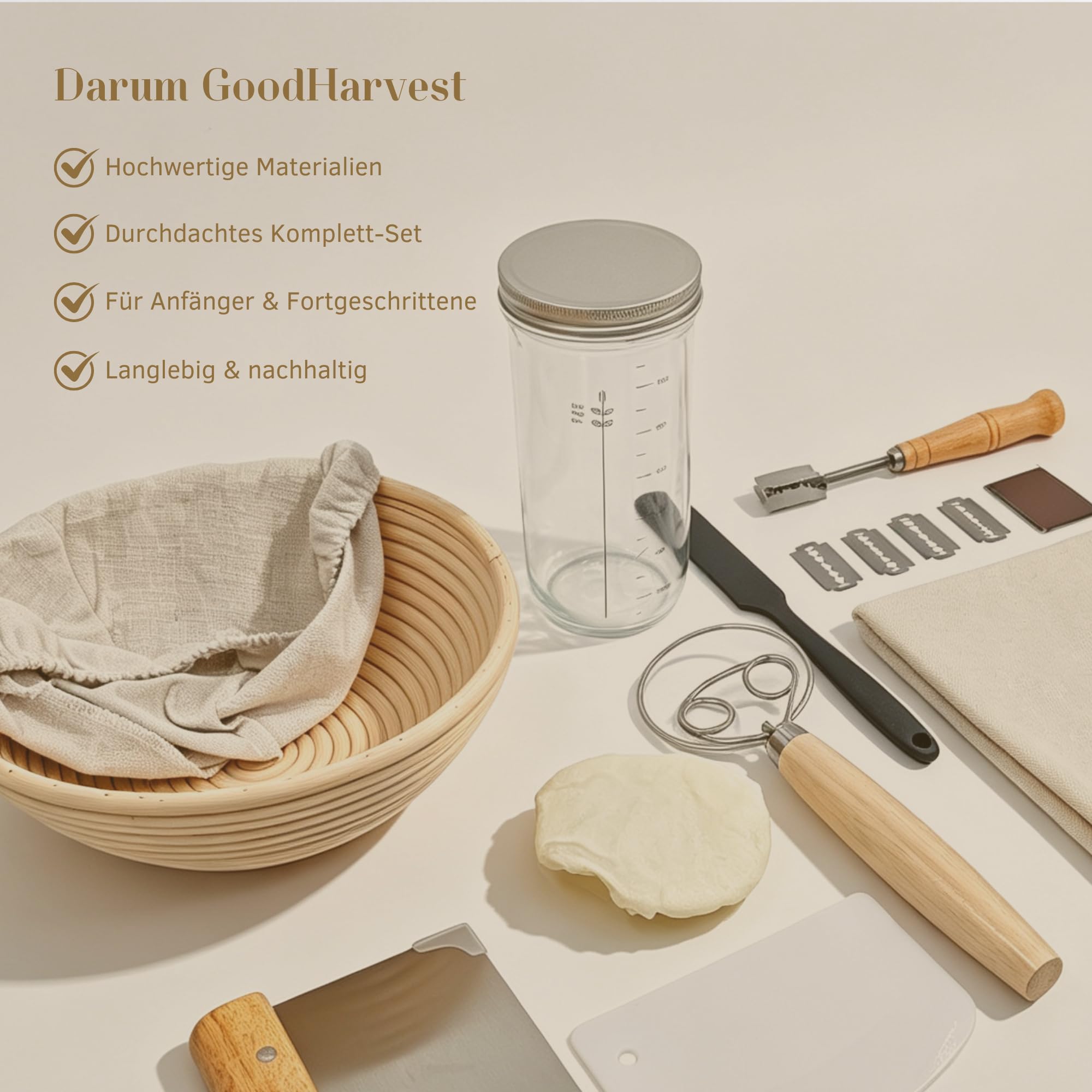 GoodHarvest Sauerteig Starter Set mit Gärkörbchen, Gärglas & Brotbackset